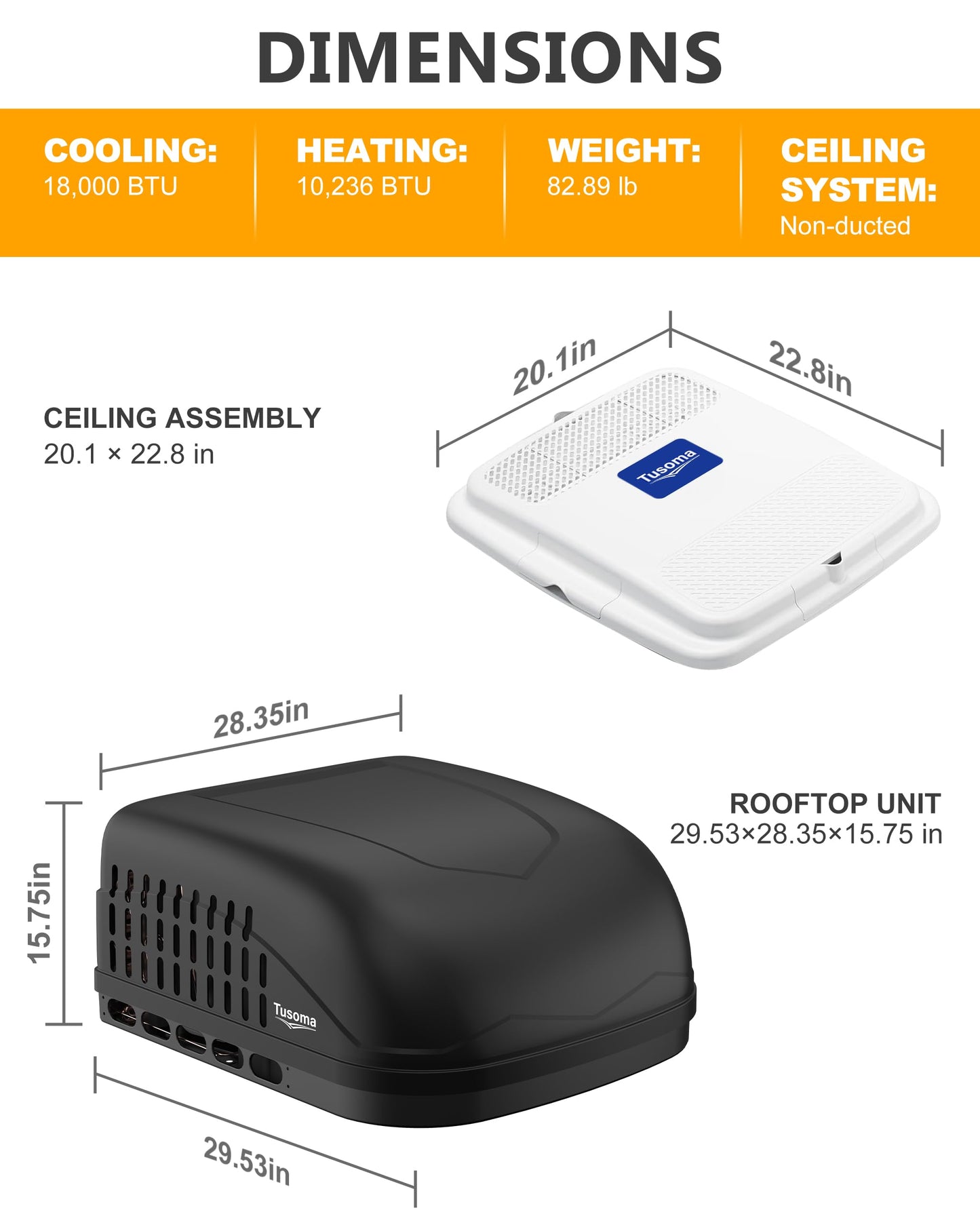 TUSOMA 18000 BTU RV Air Conditioner with Heat Pump, Non-Ducted Rooftop RV AC Unit, 110-120V Quiet Cooling & Heating, Camper AC for RV, Travel Trailer, Fifth Wheel & Food Truck, Easy Install, Black