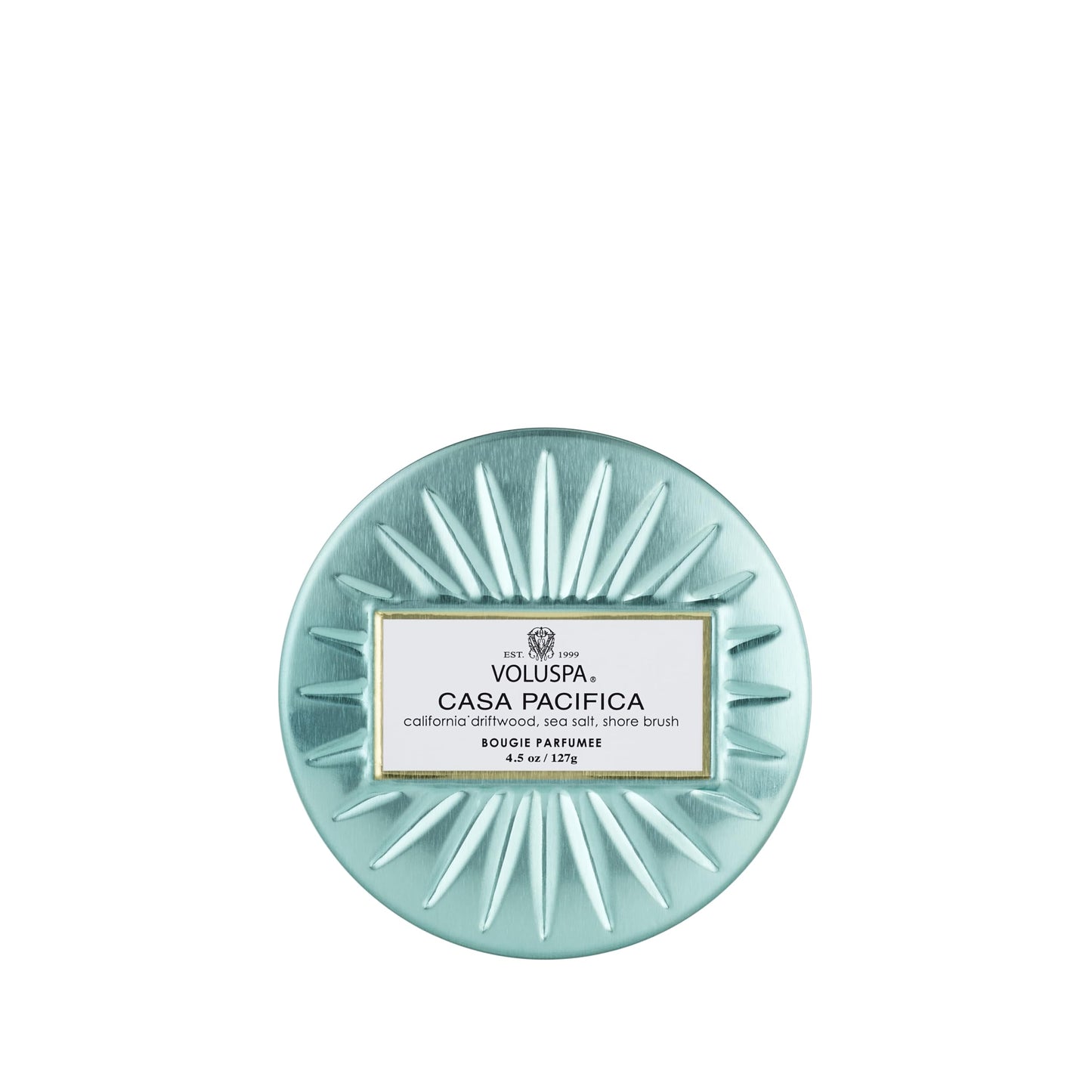 Voluspa Casa Pacifica, 4 oz Mini Tin Candle, 25 Hour Burn Time, Clean Burn Coconut Wax Candle, Scented Candle for Home, Handcrafted in the USA