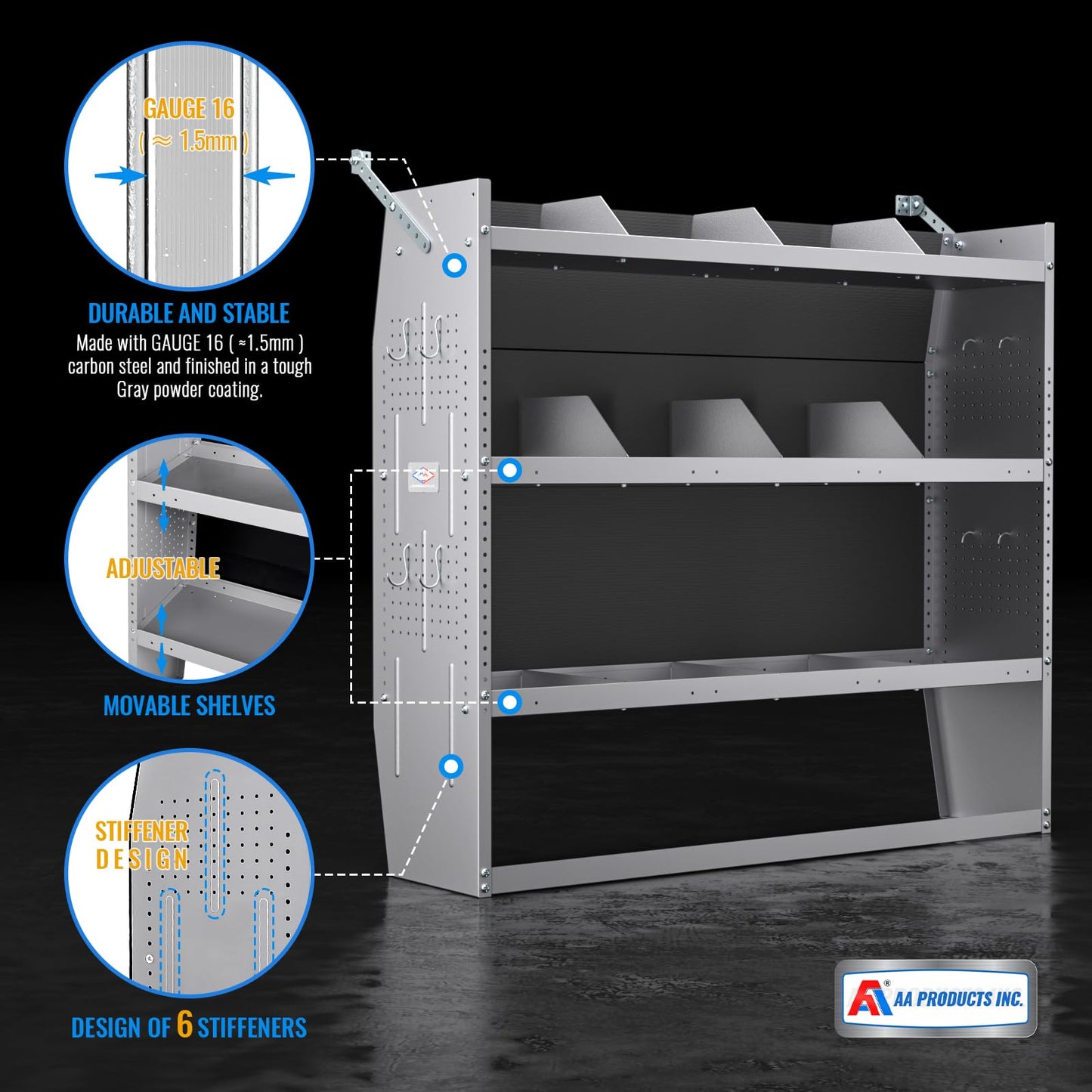 AA Products Inc. SH-4605 Steel Low/Mid/High Roof Van Shelving Storage System Fits Transit, GM, NV, Promaster, Sprinter and Metris, Contoured Shelving Unit, 52" W x 46" H x 13" D