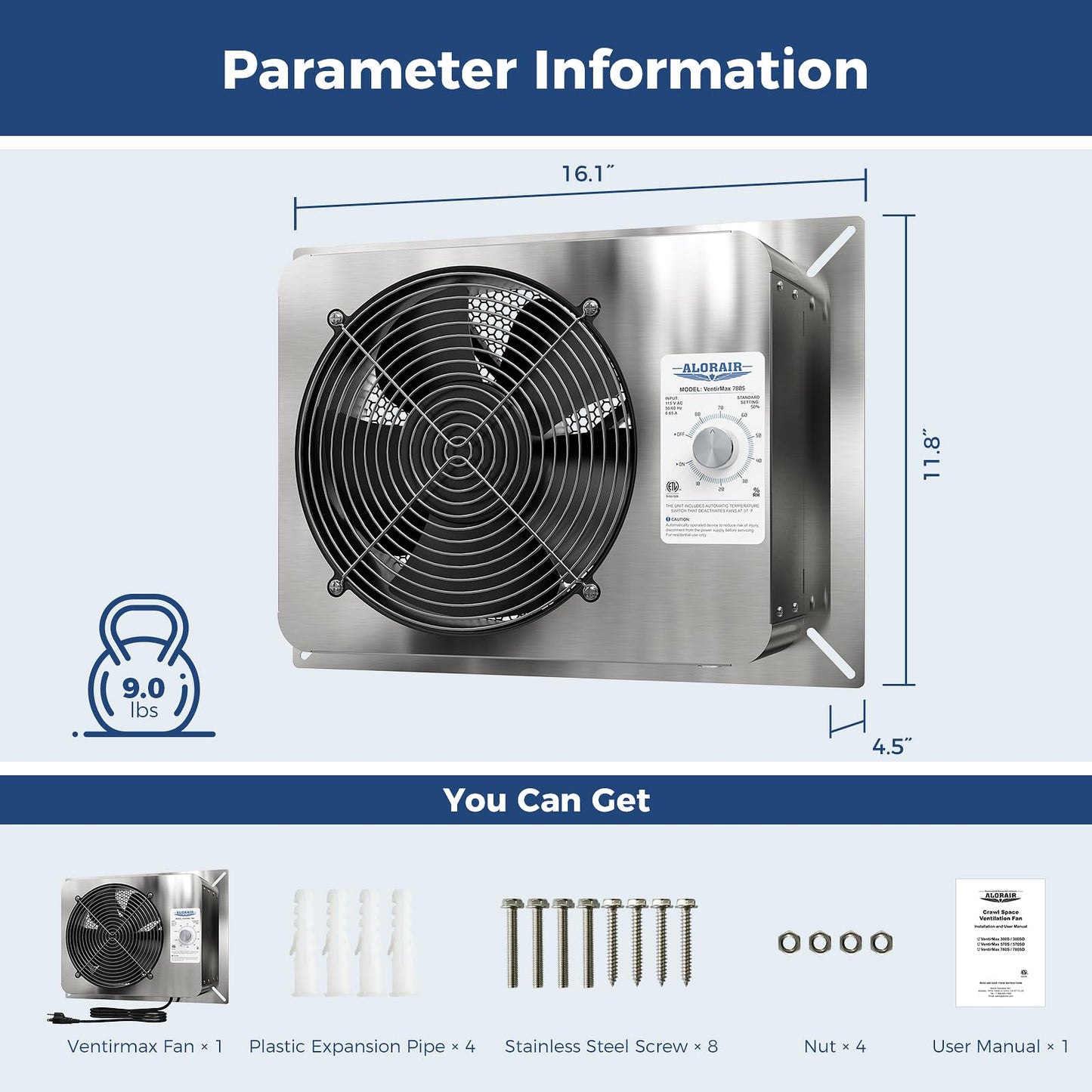 ALORAIR 780CFM Crawlspace Ventilation Fan with Humidistat, IP55 Rated Basement Stainless Steel Exhaust Fan, Built-In Isolation Net 8.1 Inch Foundation Vent Fan for Crawl Space, Garage, Attic,Grow Tent