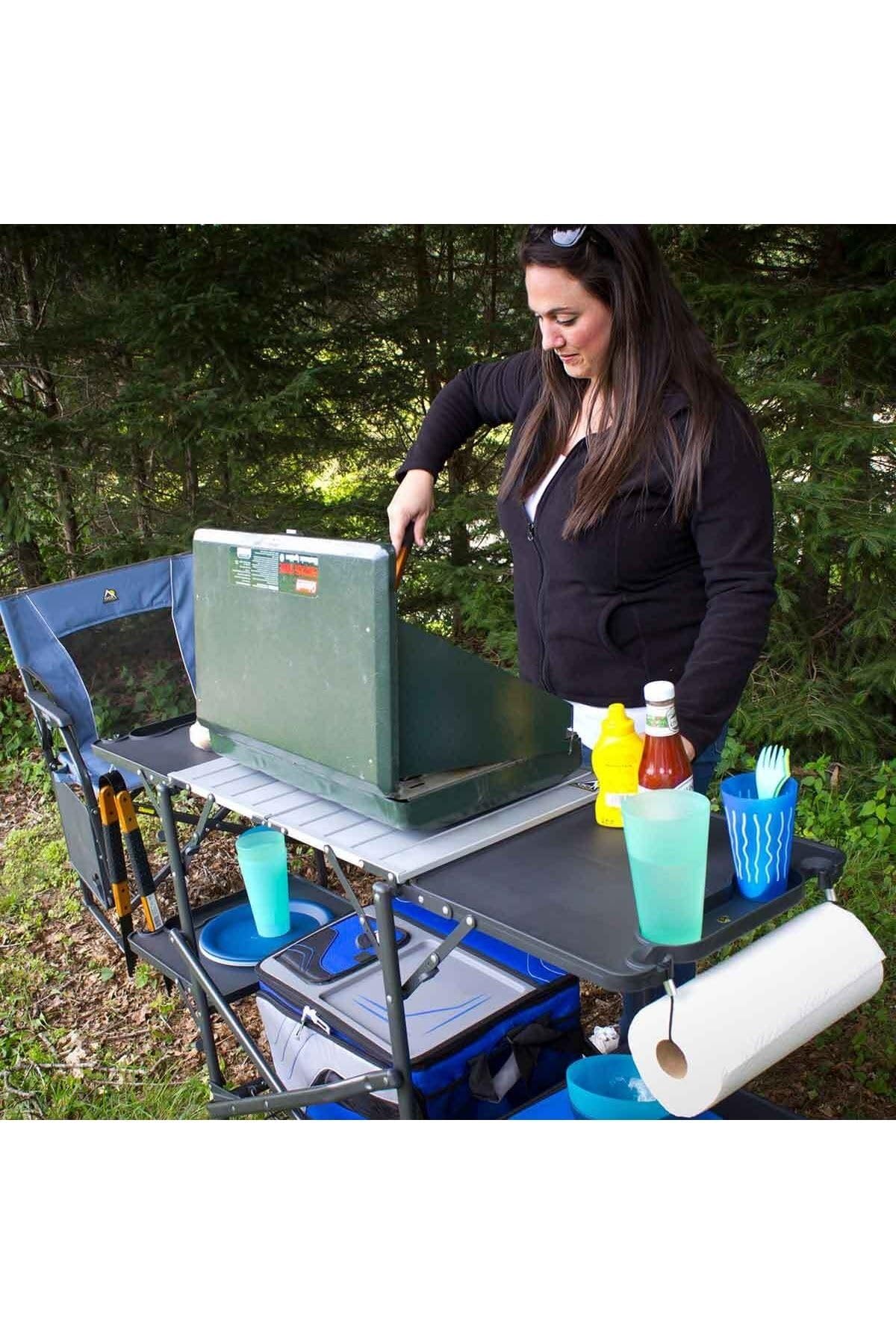 GCI OUTDOOR Slim-Fold Cook Station | Portable Folding Kitchen Table with a Heat Resistant Tabletop, 4 Side Tables & Storage Rack, Perfect for Picnics & Camping Trips