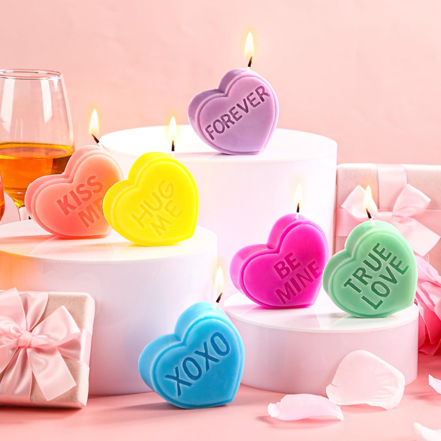 Conelist 6 Pcs Valentine's Day Conversation Heart Candle Aesthetic Unscented Handmade Candles Romantic Conversation Heart Valentine's Day Gifts for Home Wedding Decoration