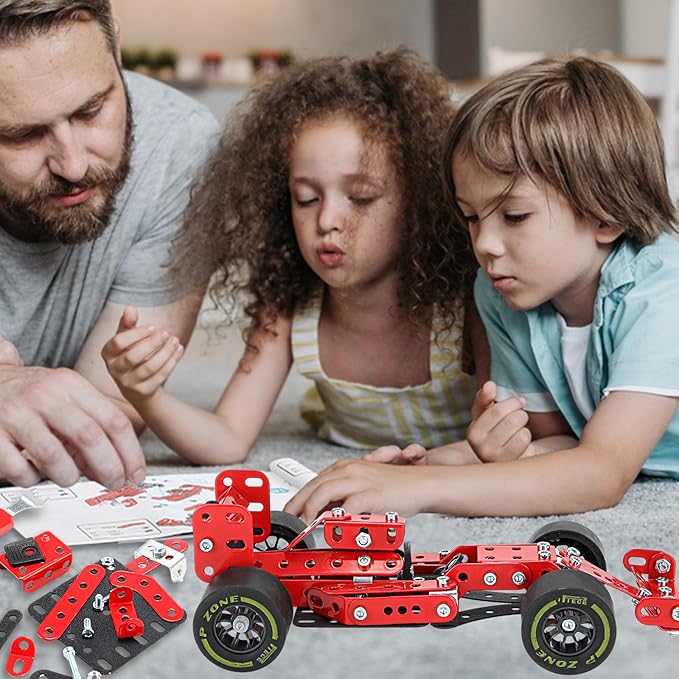 BESTYMXY Building Kit Car Model 1:20 Scale Race Car Metal Model STEM Project Building Assembly Toy Set STEM Projects Toys for Boys 8-12 Red Vehicle DIY Assembly Metal Model