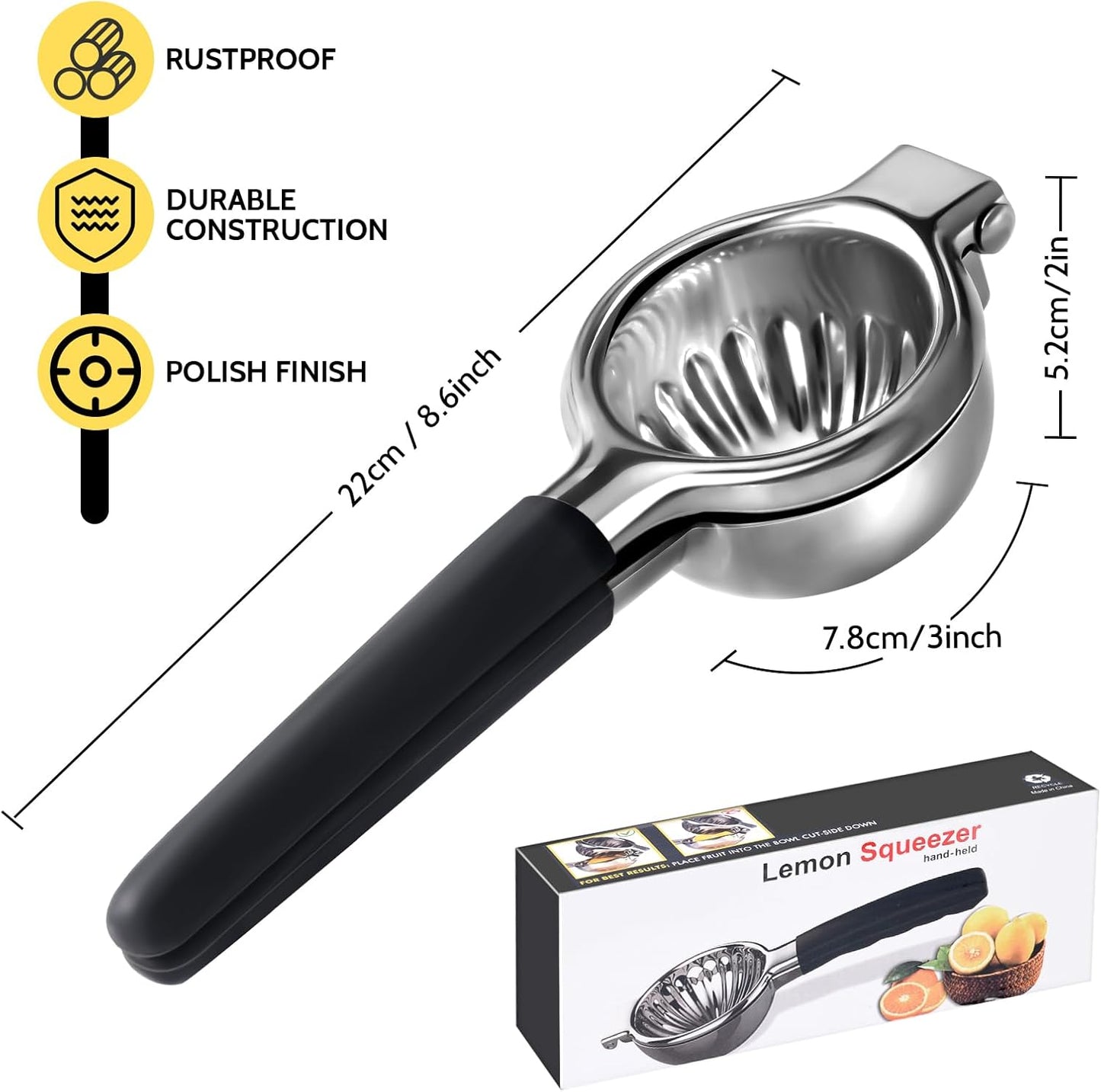 Sopito Stainless Steel Lemon Squeezer - Heavy Duty Citrus Press with Large Bowl & Non-Slip Grip