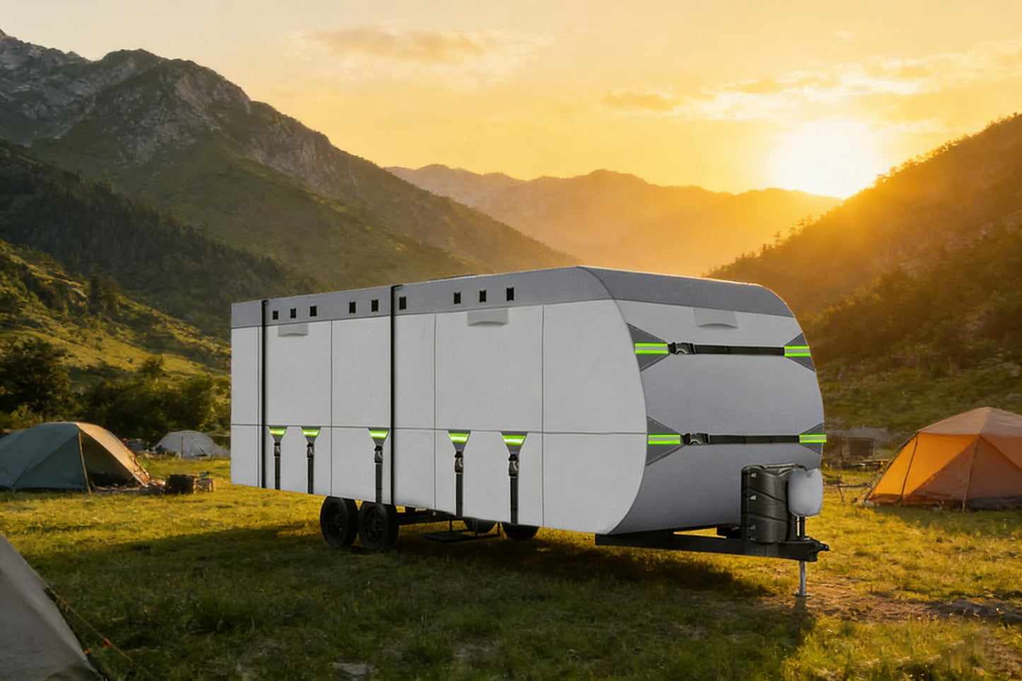 8 Layers Travel Trailer Cover Windproof Waterproof Rip-Stop RV Covers with Adhesive Repair Patches, 2Pcs Extra Straps & 4 Tire Covers (Fit 24-27FT)