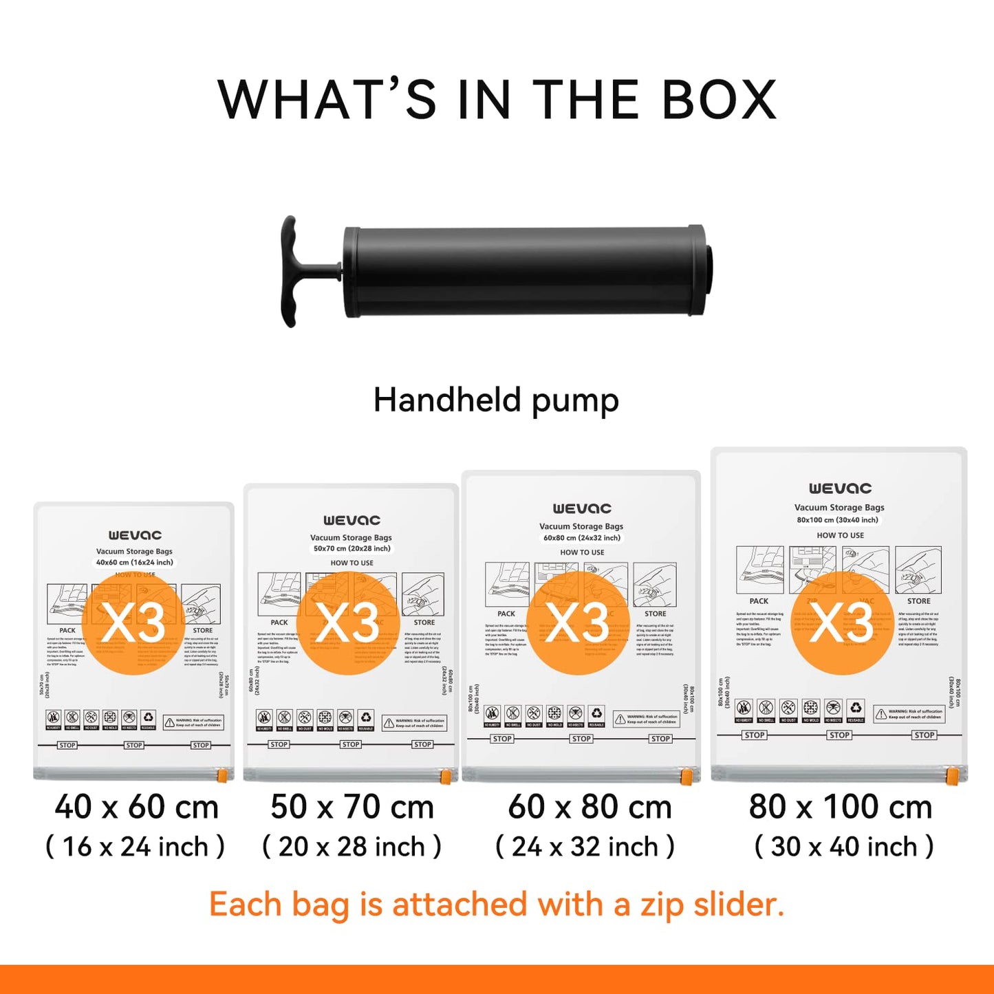 Wevac Combo Vacuum Storage Bag (3 Jumbo, 3 Large, 3 Medium, 3 Small) | Space Saver with Handheld Pump | Double Zip Seal | Special-Grip Clip | Ideal for Clothes, Blanket Compression and Travelling