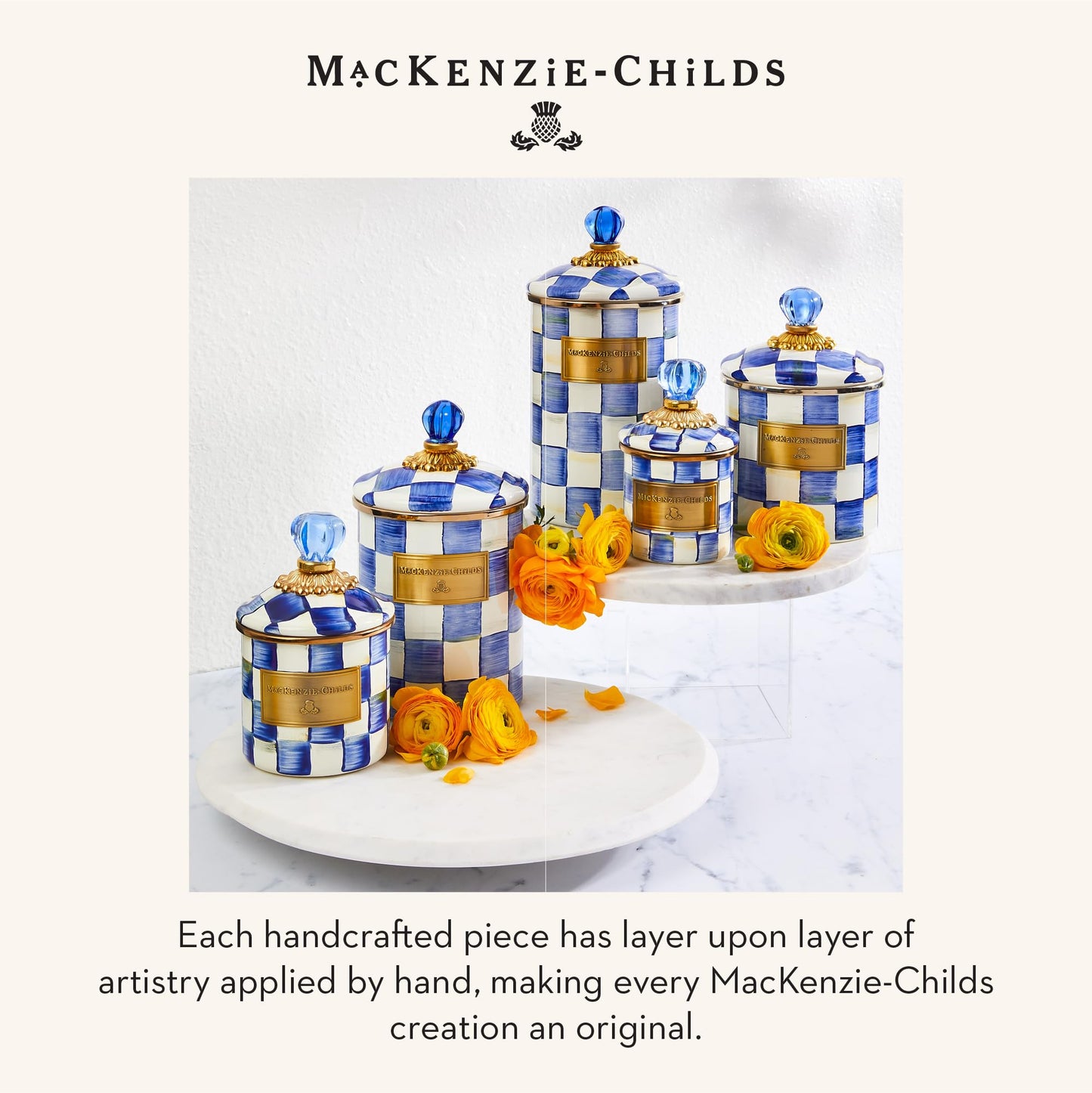 MACKENZIE-CHILDS Enamel Canister Set, Mini (14 oz.), Demi (24 oz.), and Small (38 oz.) Kitchen Containers, Blue-and-White Royal Check