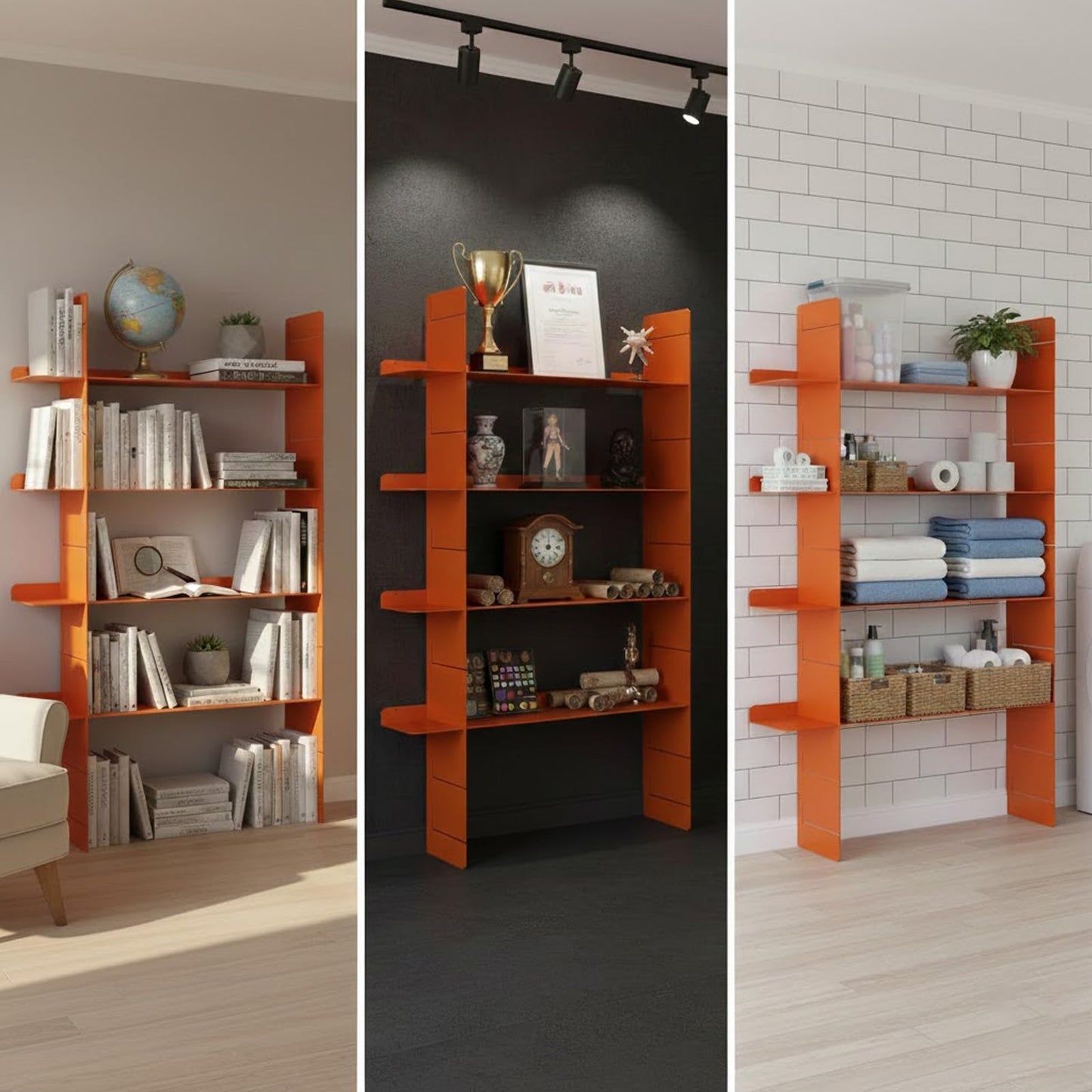 AxureM Modern 4-Tier Floating Wall Shelf, Heavy Duty Metal Bookcase, Decorative Wall Mounted Metal Shelf for Living Room, Bedroom & Office – Designer Home Decor (Orange)