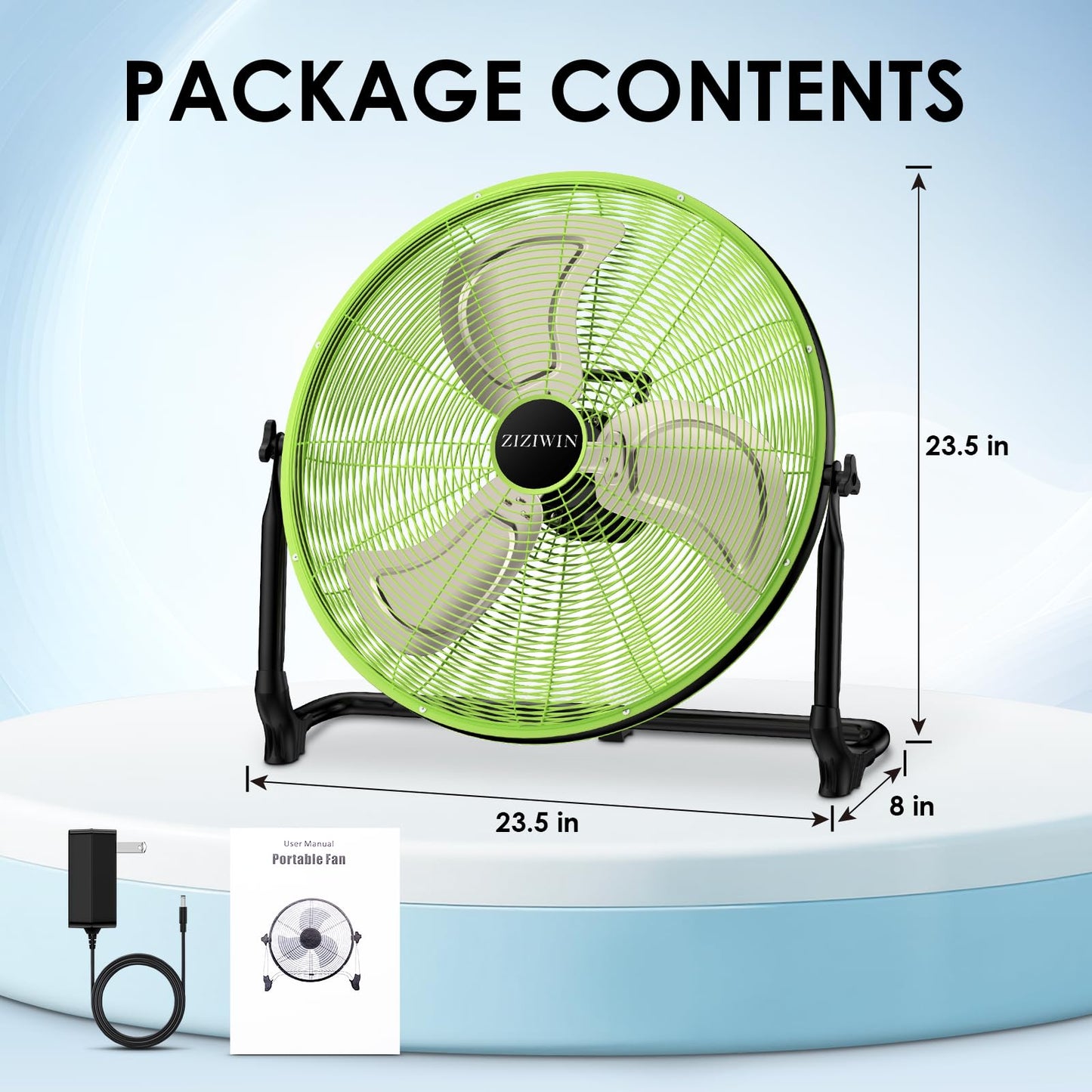 ZIZIWIN 20'' Large Battery Fan, Portable Cordless Camping Fan, Rechargeable Battery Floor Fans, 360° Tilt, Wireless, USB Output, for Home Office Gazebo Greenhouse Outside Gym