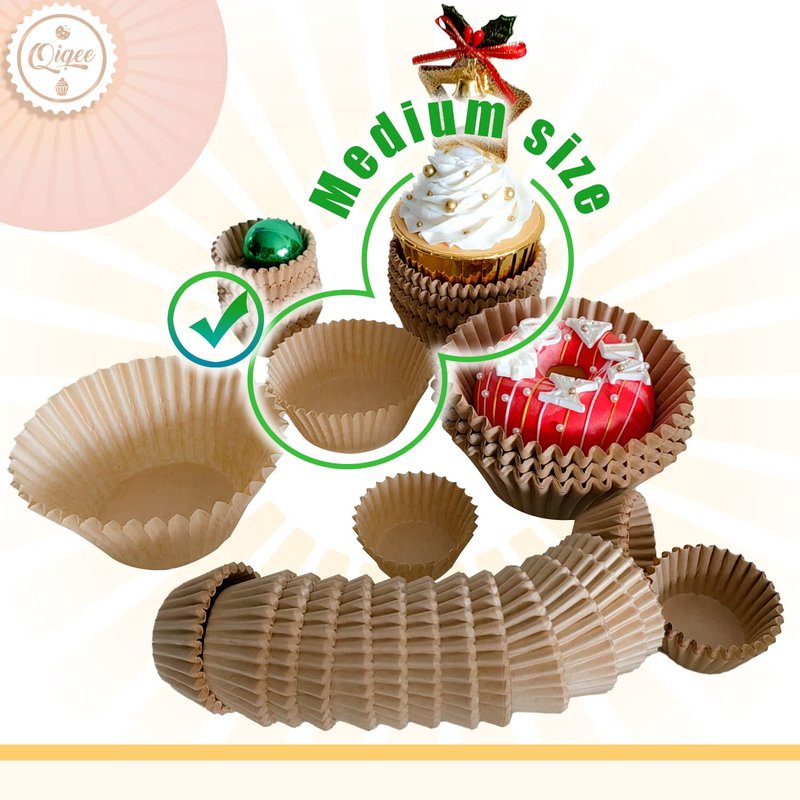 qiqee 600pcs Natural Cupcake Liners Muffin Linner No Smell, Food Grade Brown Baking Cups(Standard Size)