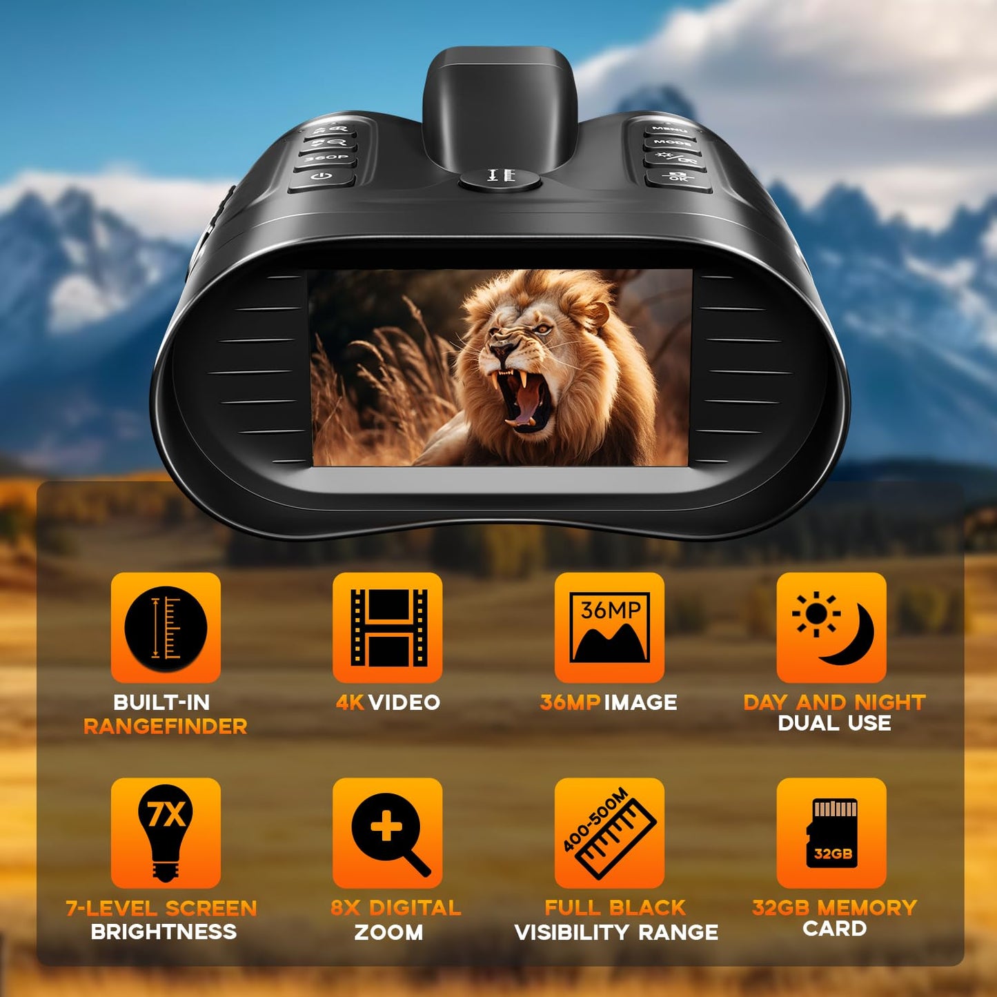 4K Night Vision Binoculars with Range Finder for Adults – Infrared Night Vision Goggles with 8× Zoom, 36MP Photo & 4K Video Recording – for Hunting, Camping, Wildlife & Home Security