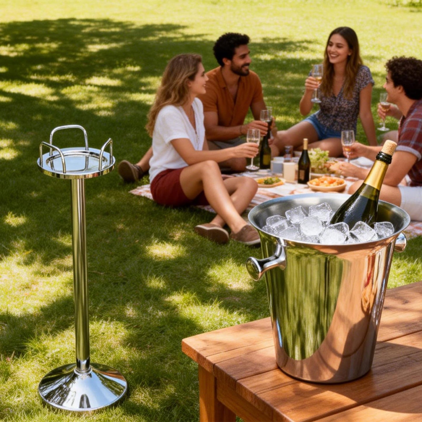 Champagne Bucket with Stand, Wine Bucket Stand with 5L Bucket, Stainless Steel Standing Ice Buckets for Bar, KTV, Hotel, Party, Gathering (Silver, 2 Packs)