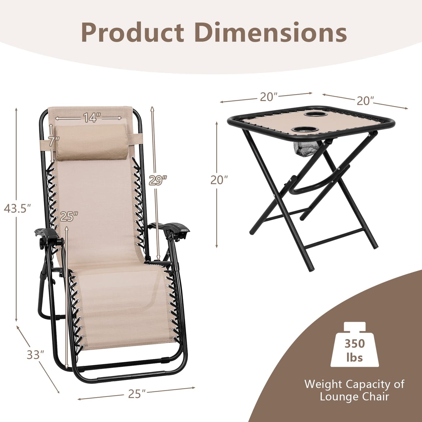 HAPPYGRILL Zero Gravity Lounge Chairs Set with Coffee Table, Folding Reclining Chairs with Side Table and Pillow, 3 Pieces Adjustable Patio Lawn Recliner Set for Outdoor Garden Camp Travel