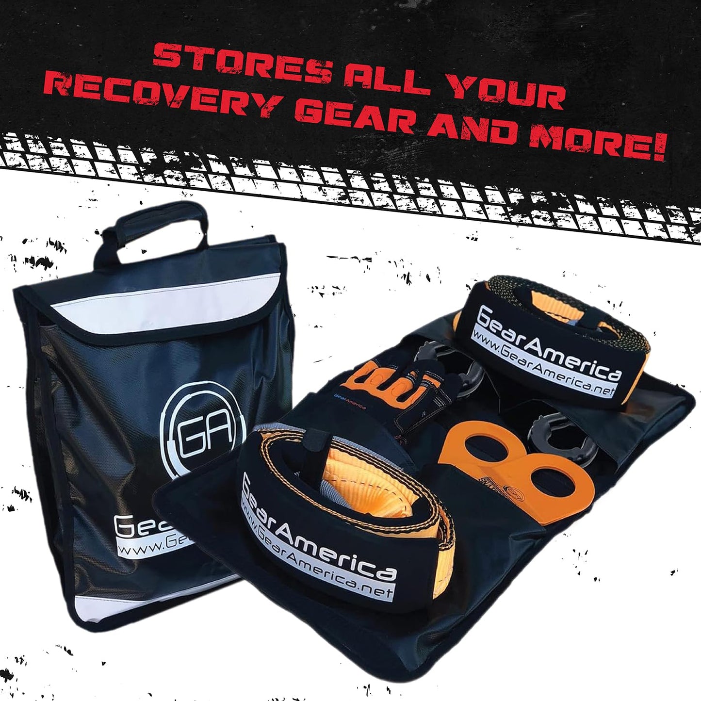 GearAmerica Off Road Recovery Kit, 9 Ton, Includes Tow Strap, Tree Saver, Snatch Block Pulley, D-Ring Shackles, Winch Line Dampener Bag, Gloves - Off Road Recovery Gear, 4x4, Black