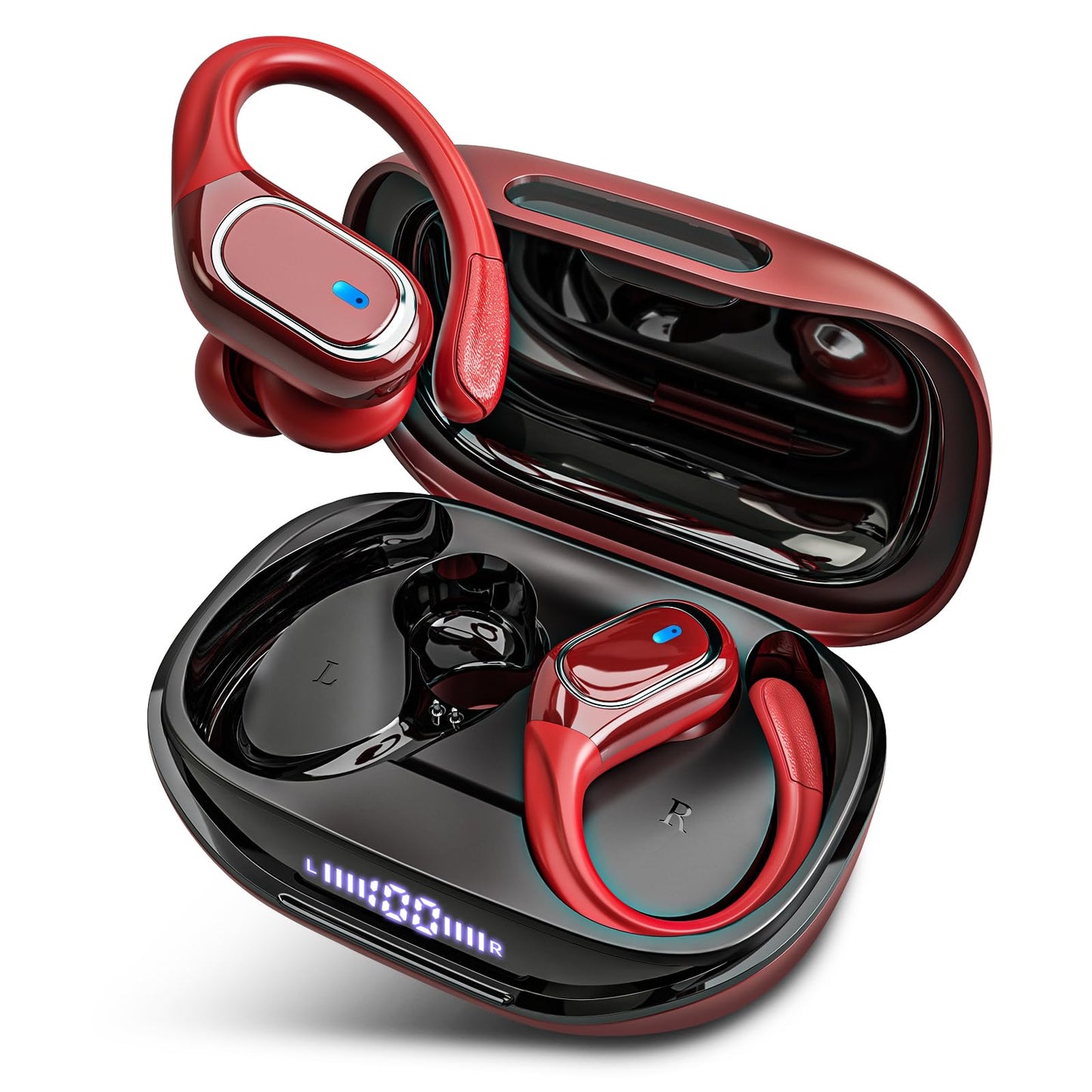 HAOYUYAN Wireless Earbuds Bluetooth 5.3 Headphones with 80H Playback, IPX7 Waterproof Over Ear Buds with LED Power Display for Sports Running Workouts(Cola Red)