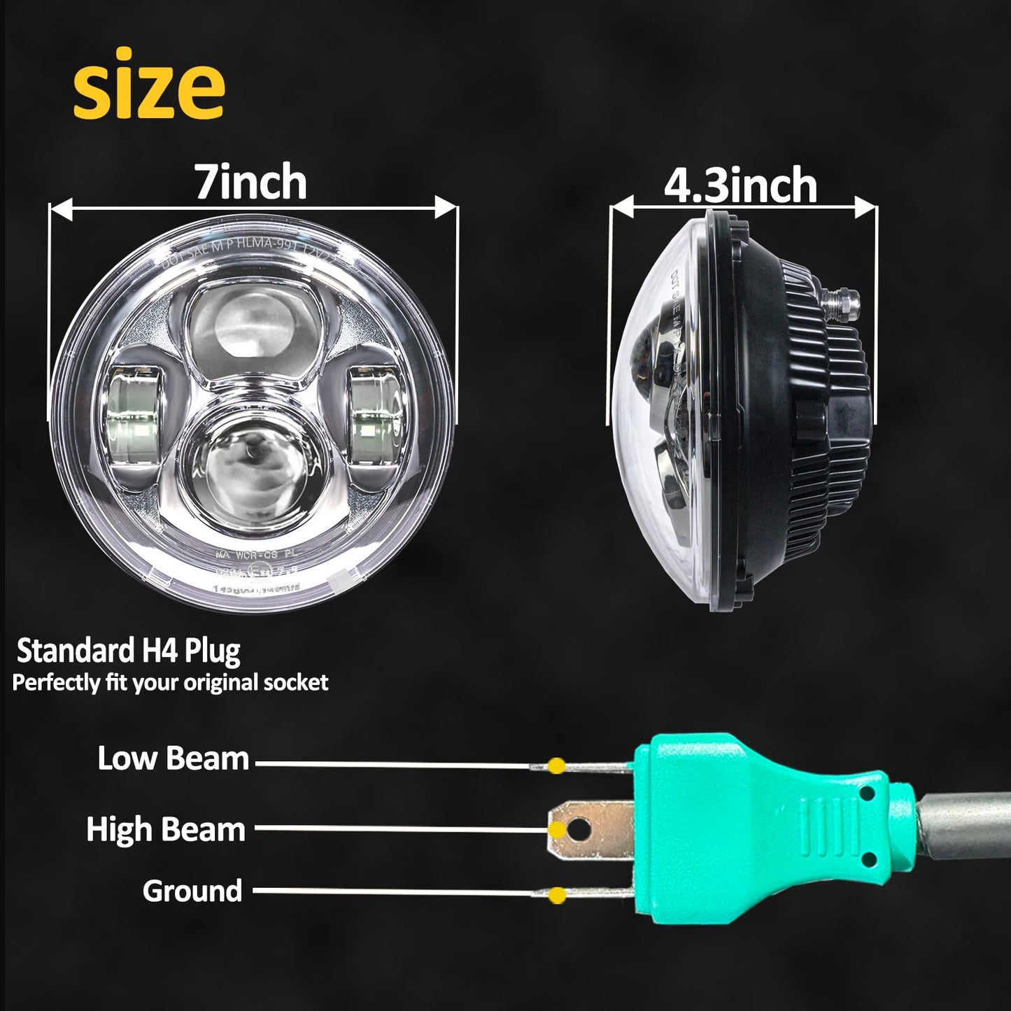 7 inch Motorcycle LED Headlight 4.5" Fog Passing Lights DOT SAE Approved, Compatible with Davidson Fat Boy Street Glide Heritage Softail Road King Switchback Electra Glide Ultra Classic Chrome