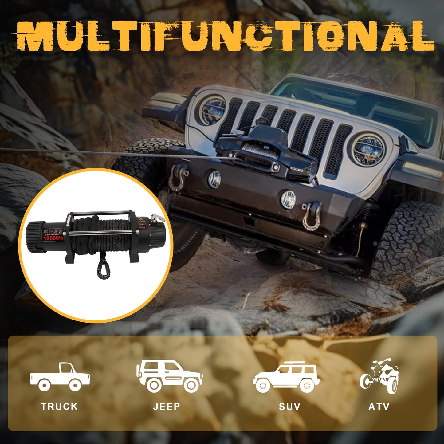 WildGear 10000LB Electric Winch 12V Series Wound Motor Synthetic Rope Wired & Wireless Remote Control Waterproof Trailer Winch for Jeep Off Road SUV Truck Boat
