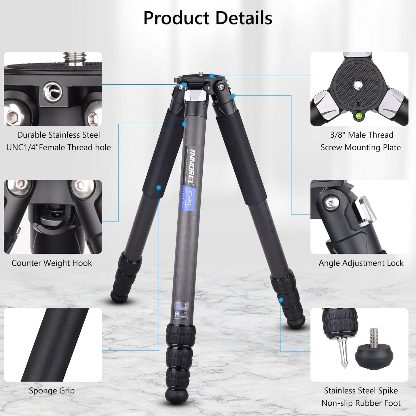 Compact Carbon Fiber Tripod – Heavy Duty 40mm Leg Tubes, Max Height 63.6in/162cm, Stable and Lightweight Travel Stand for DSLR, Video Cameras, Max Load 40kg, Portable for Photography Video Shooting