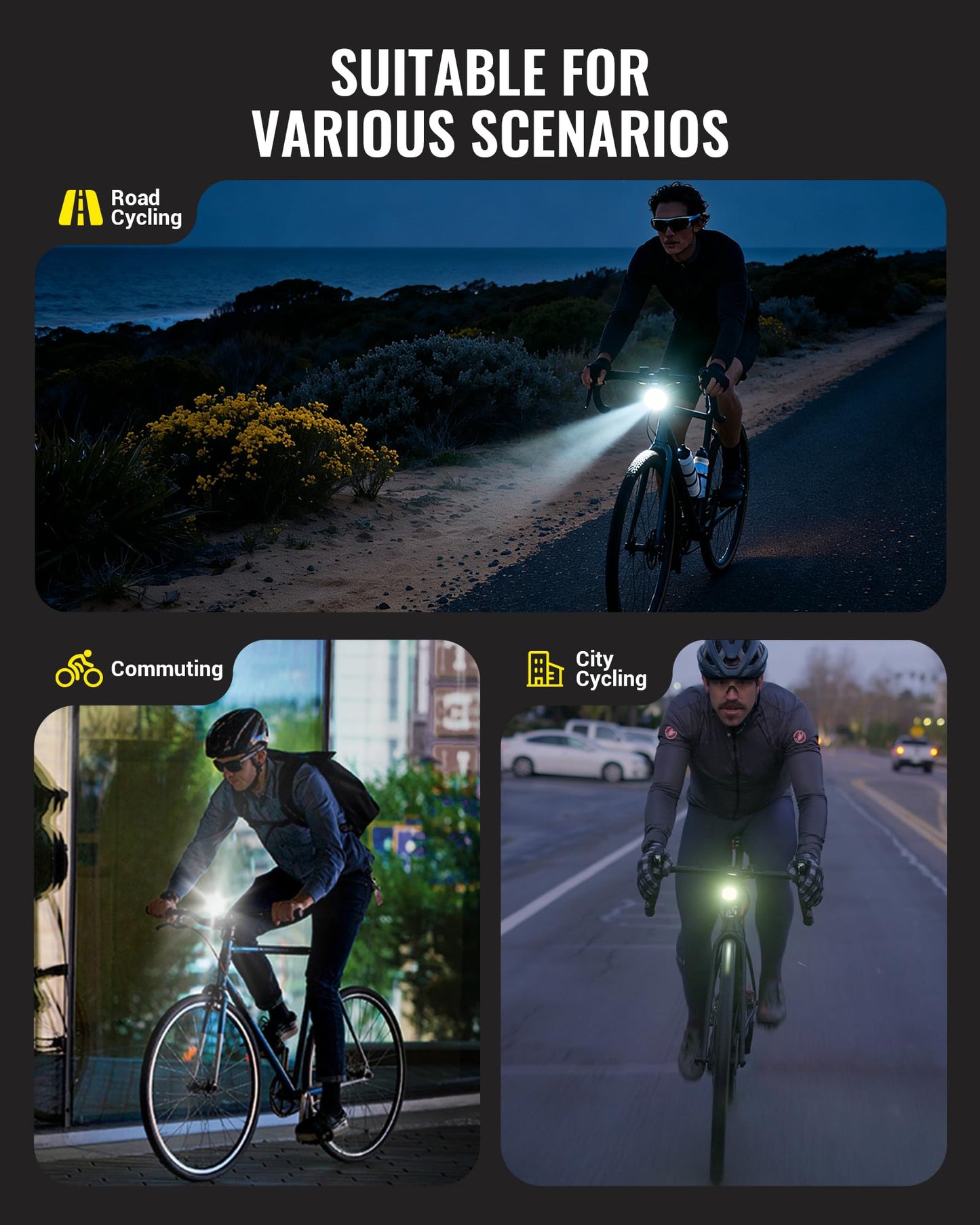 RAVEMEN UR1700 Bike Headlight, Under Mount Bicycle Light for 31.8–35mm Handlebar, Cut Off Beam | Dual Beam System | Auto On Off | Aluminum Housing | USB C Rechargeable | Road Urban Cycling