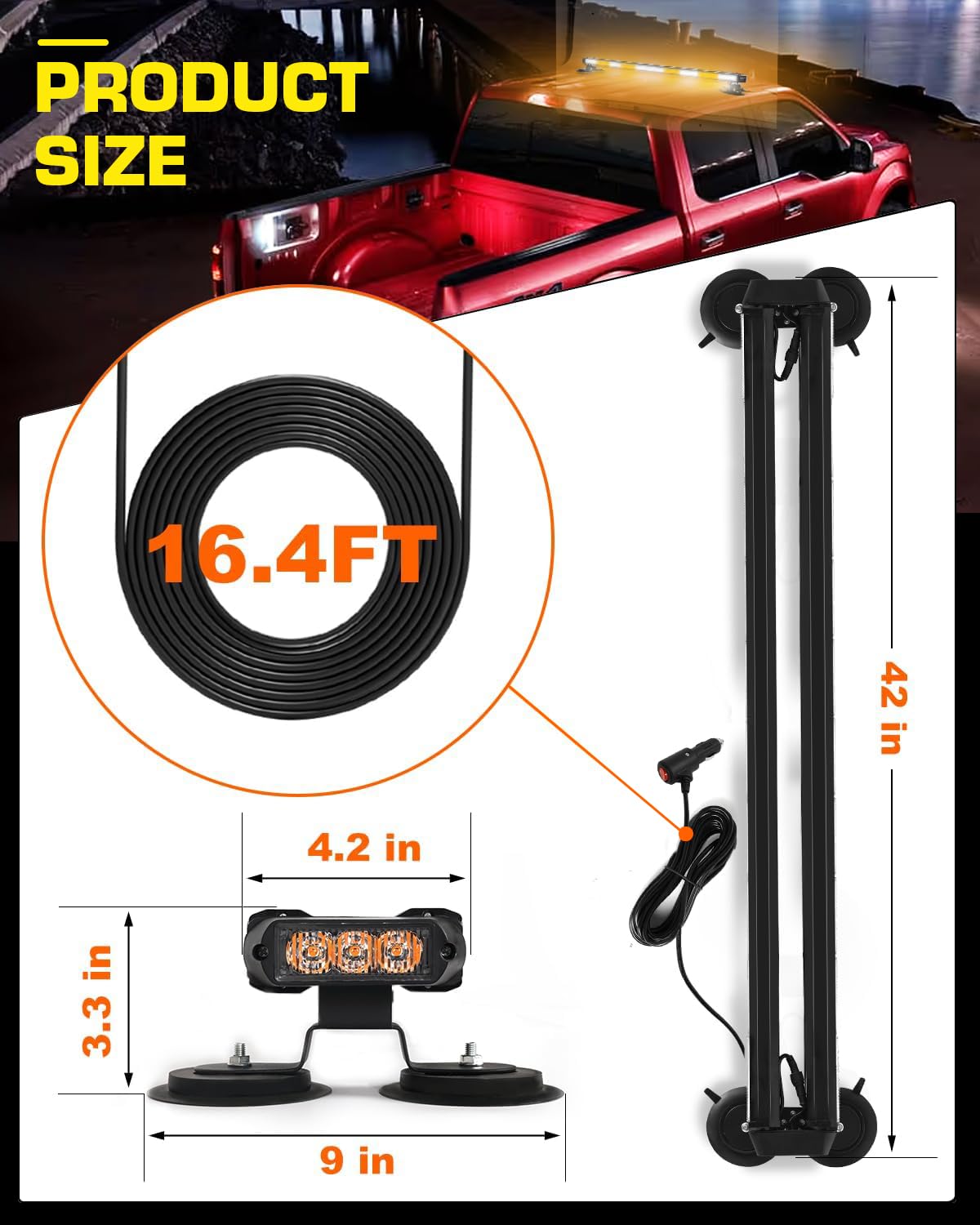 LRTER 42inch 206 LED Rooftop Emergency Strobe Light Bar Flashing Safety Lights w/Controller Traffic Advisor Warning Hazard Light for Trucks Vehicles Construction Tow Pickup Snowplow Amber White