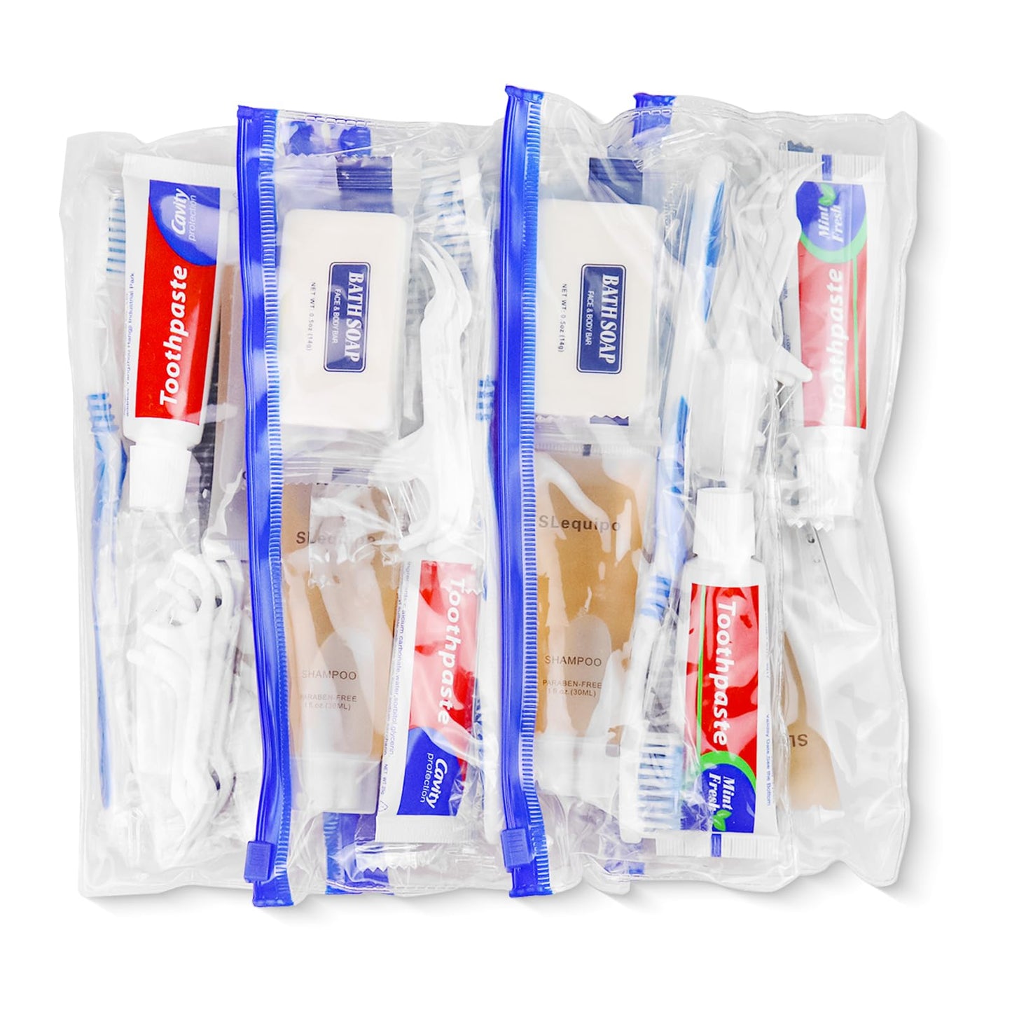 SLequipo Pack of 100 Hygiene Kit, Hygiene Kit Bulk, Individually Packed, Travel Hygiene Kit with Toothbrush, Toothpaste, Comb, Shampoo, Soap and Floss Picks, Home, Suitable for Hotel, Camping, Travel