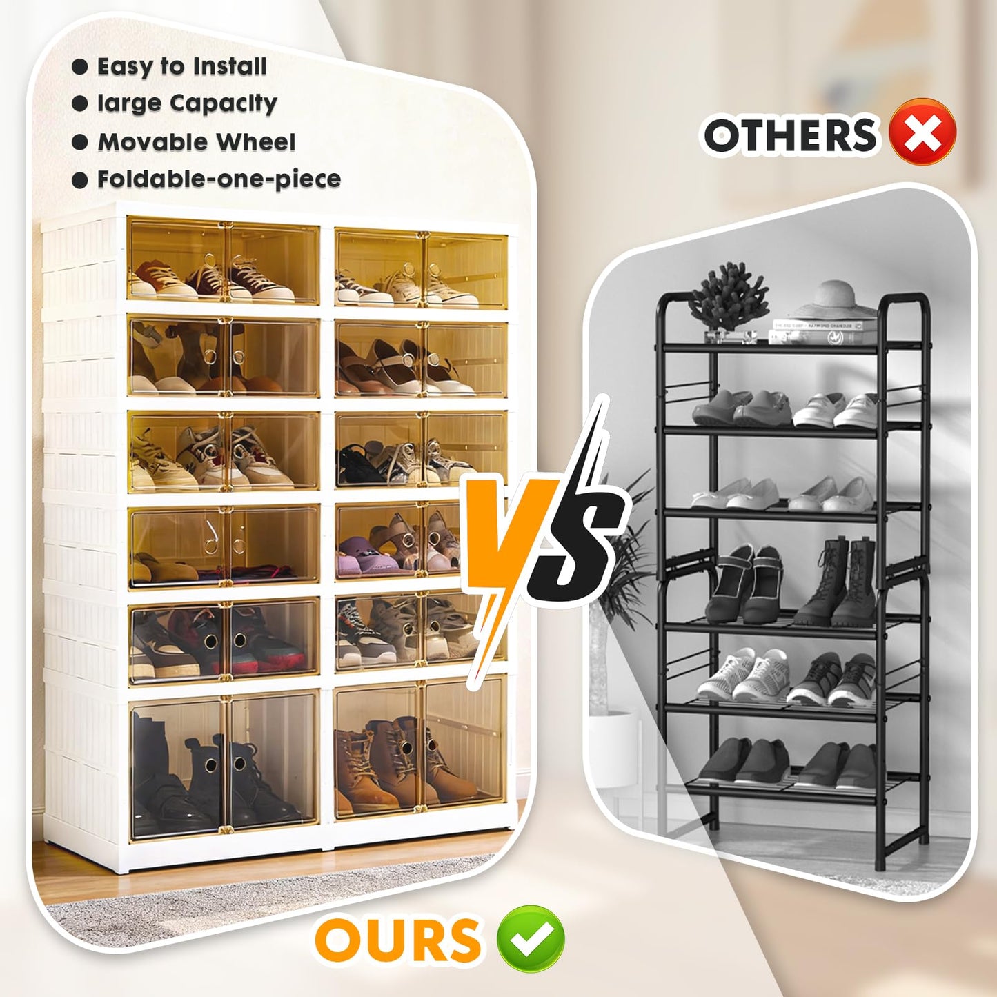 SAYMA Foldable Shoe Rack Organizer, Plastic Collapsible Shoe Storage Cabinet with Door, Easy Assembly Shoe Shelf for Entryway, Clear Stackable Shoe Box (6 Tiers, 24 Pairs)