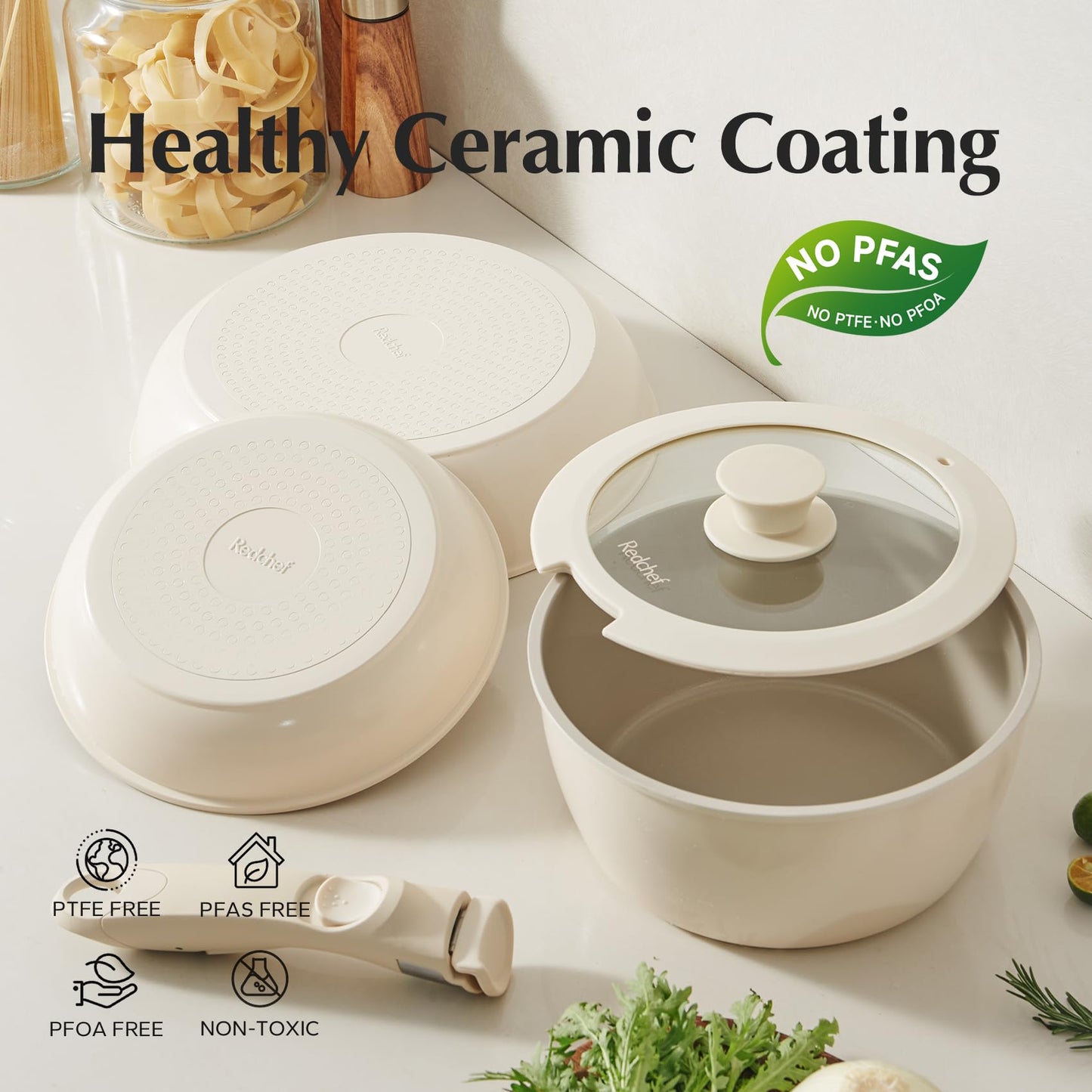 Redchef 16pcs+5pcs Ceramic Pots and Pans Set Non Stick, Nonstick Kitchen Cookware Set with Detachable Handle, Non Toxic, PFAS PFOA & PTFE Free, RV Ceramic Cookware Set for Camping, Dishwasher/Oven Saf