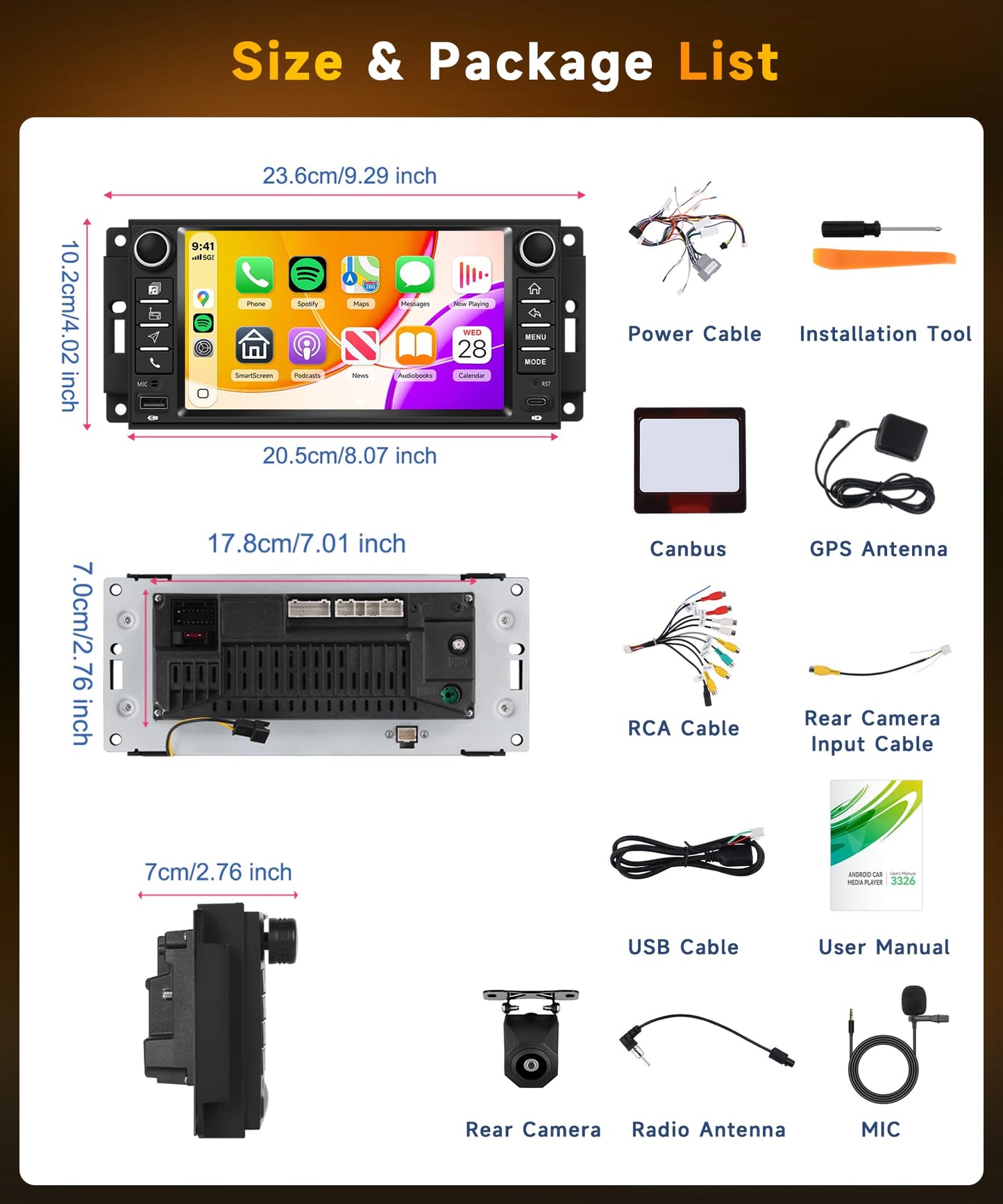 4G+64G Car Stereo forfor Jeep Wrangler JK 2007-2018 Dodge, Wireless CarPlay Android Auto, 7'' IPS Touch Screen Android 15 Car Stereo with GPS, WiFi, Bluetooth, FM, EQ, SWC, Backup Camera