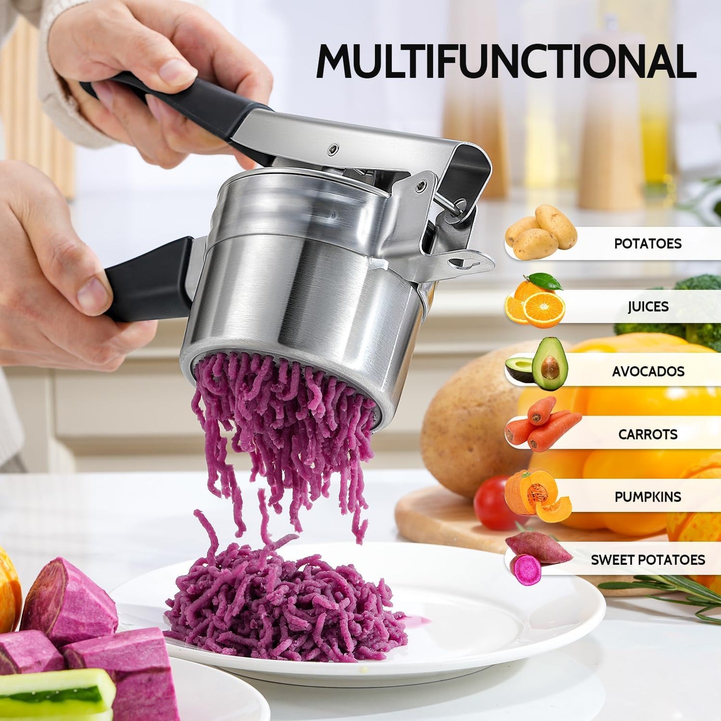 Sopito Stainless Steel Potato Ricer - Upgraded Masher with 3 Interchangeable Discs | Heavy-Duty Kitchen Tool