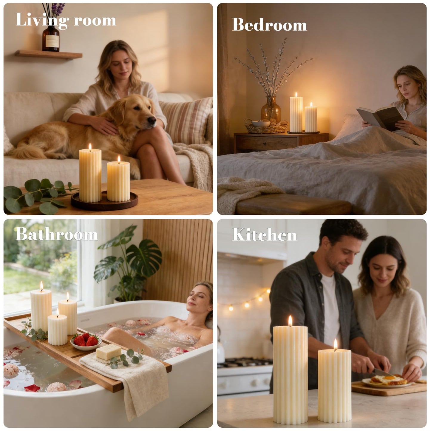 Ribbed Soy Pillar Candles Set of 3, Cashmere Amber Scented, Natural Soy Wax, 266 Hour Long Burning, 2.8x4/6/8 inch Large Pillar Candles for Home Decor, Relaxation, Bathroom, Living Room