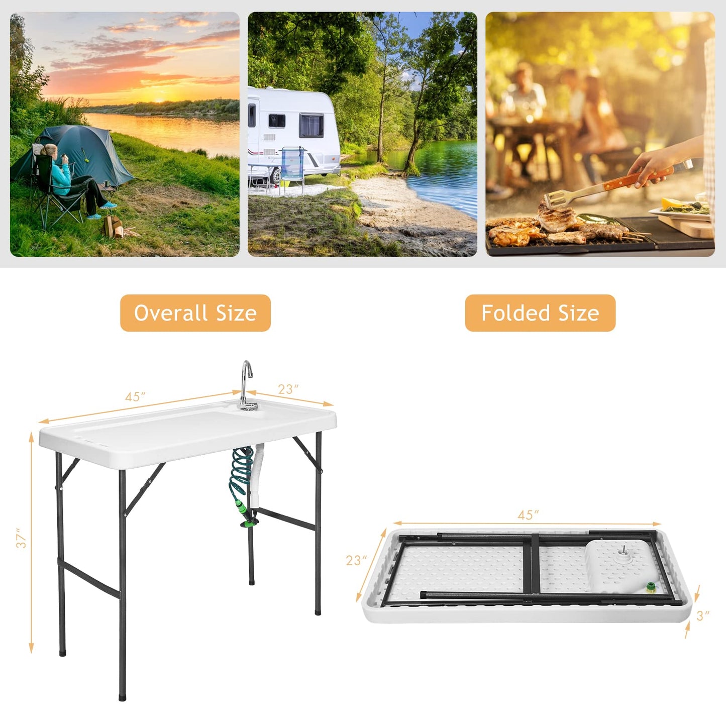 SPORFIT Fish Cleaning Table with Sink, Portable Camping Table w/Flexible Faucet & Sprayer, Drainage Hose Hook Up, Outdoor Fish Cleaning Station for Garden, Backyard, Kitchen (with Sprayer)