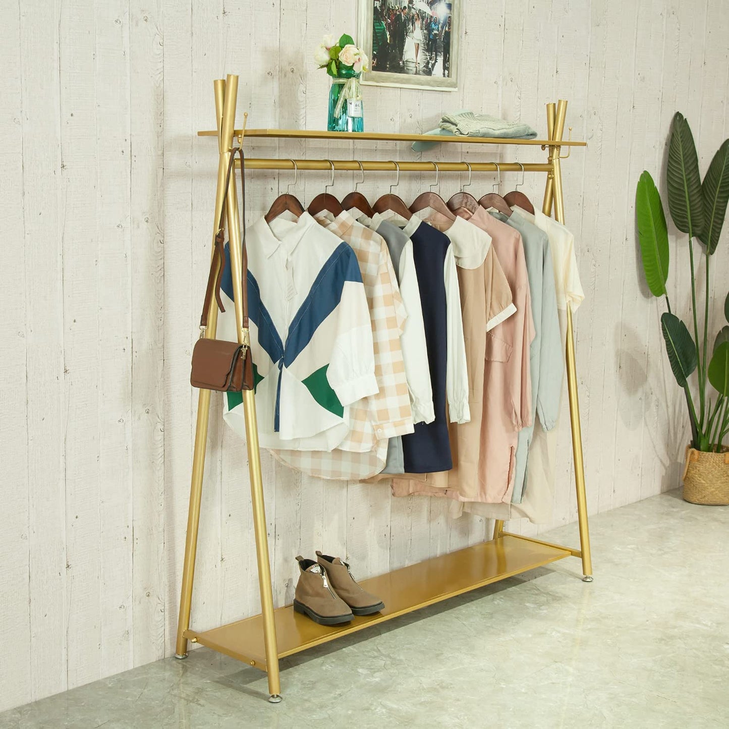 MAIKAILUN Clothes rack Gold, Freestanding Industrial Garment Rack with Double shelves Multi-functional Bedroom Hanging Clothing Rack,Heavy Duty Coat Rack Organizer for Bedroom Shoes 1 pack (39'' L)