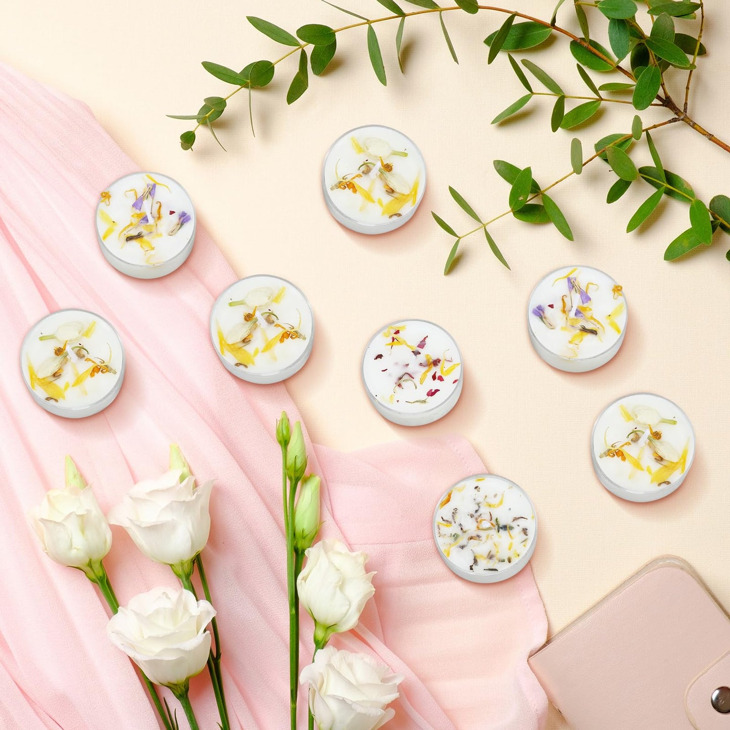Honoson 12 Pcs Scented Tealights Dried Flower Candles Wedding Bridesmaid Gift 4 Floral Scents Jasmine Lavender Rose and Globe Purple 8-Hour Smokeless Tealight Candles for Wedding Bridal Shower Spa