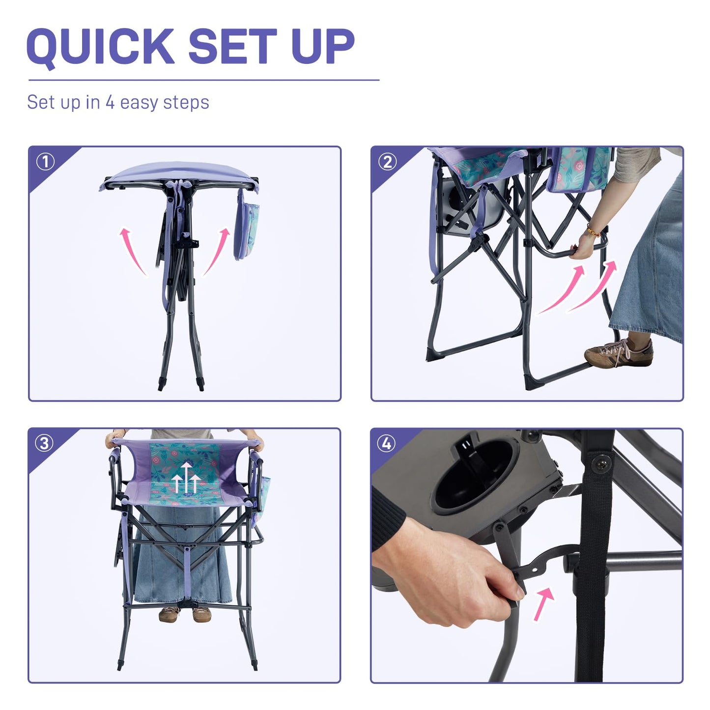 EVER ADVANCED Portable 30.7" Seat Height Tall Folding Camping Chair Directors Chair High Foldable Bar Stool with Side Table for Makeup Artist, Sports Event, Craft Show, Supports 350LBS
