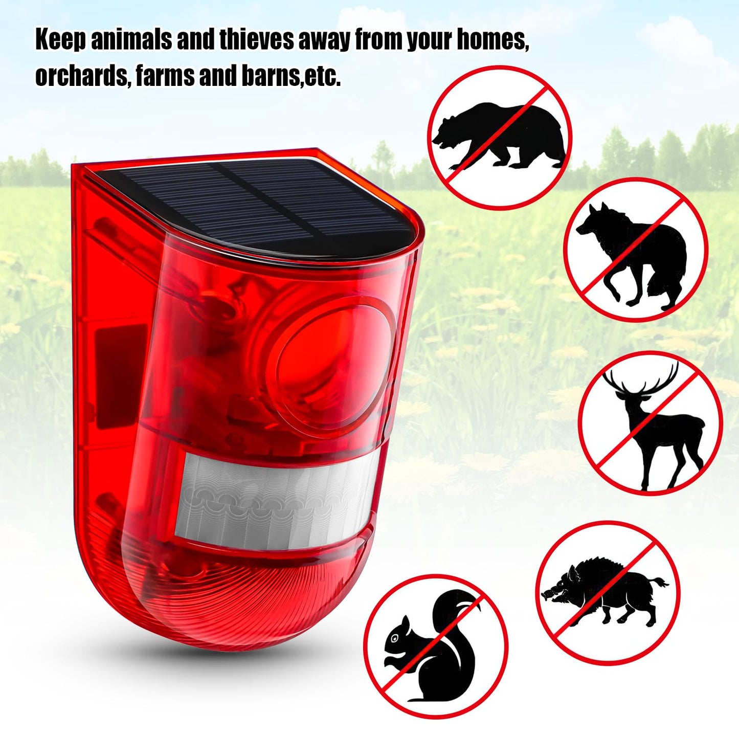 Qualirey Solar Sound and Light Alarm Motion Sensor 129db Outdoor Security Siren Waterproof Activated Detector Driveway Alarm 6 LEDs Flash Warning Deterrent Strobe System for Home, Farm(Red,16 Pack)