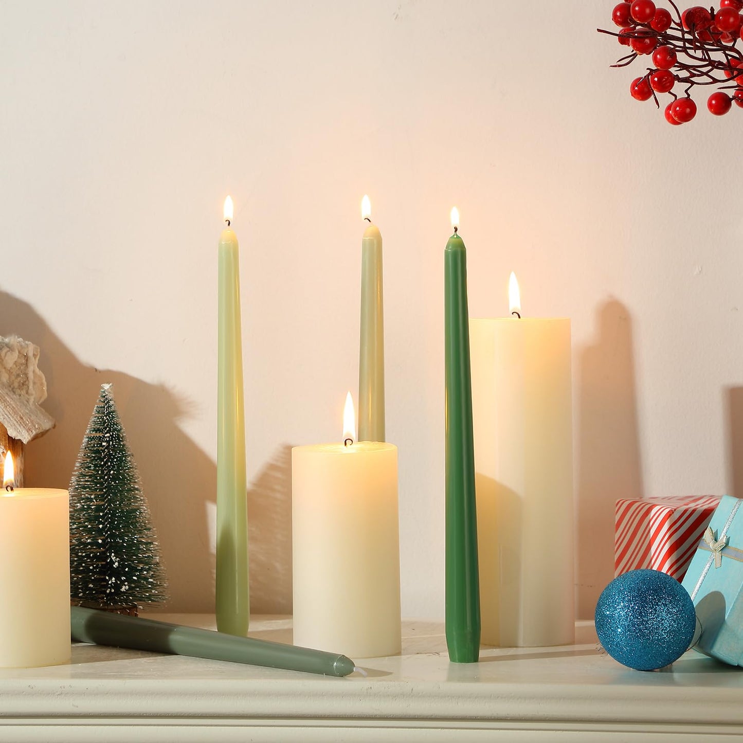 MTLEE 10 Inch Long Tapered Candle Stick Bulk Smokeless Unscented Burning Candlestick Paraffin Wax with Cotton Wick for 4th of July Dinner Anniversary Wedding Party Church(Gradient Green,16 Pcs)