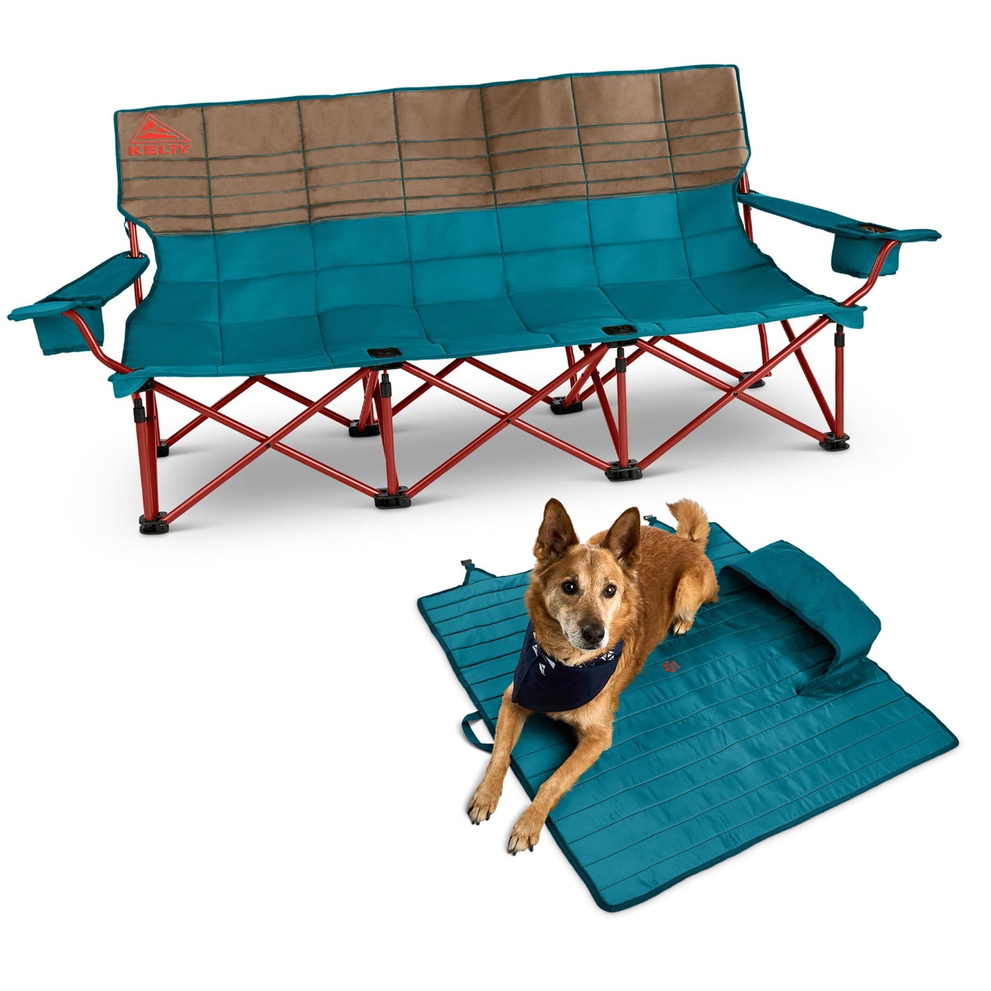 Kelty Lowdown Couch - 3 Person Capacity Camping Chair, Extra Large and Sturdy Bench for Campsites, Soccer Games, and Backyard Parties, with Cup Holders|Arm Rest, Polyester, Deep Lake/Fallen Rock