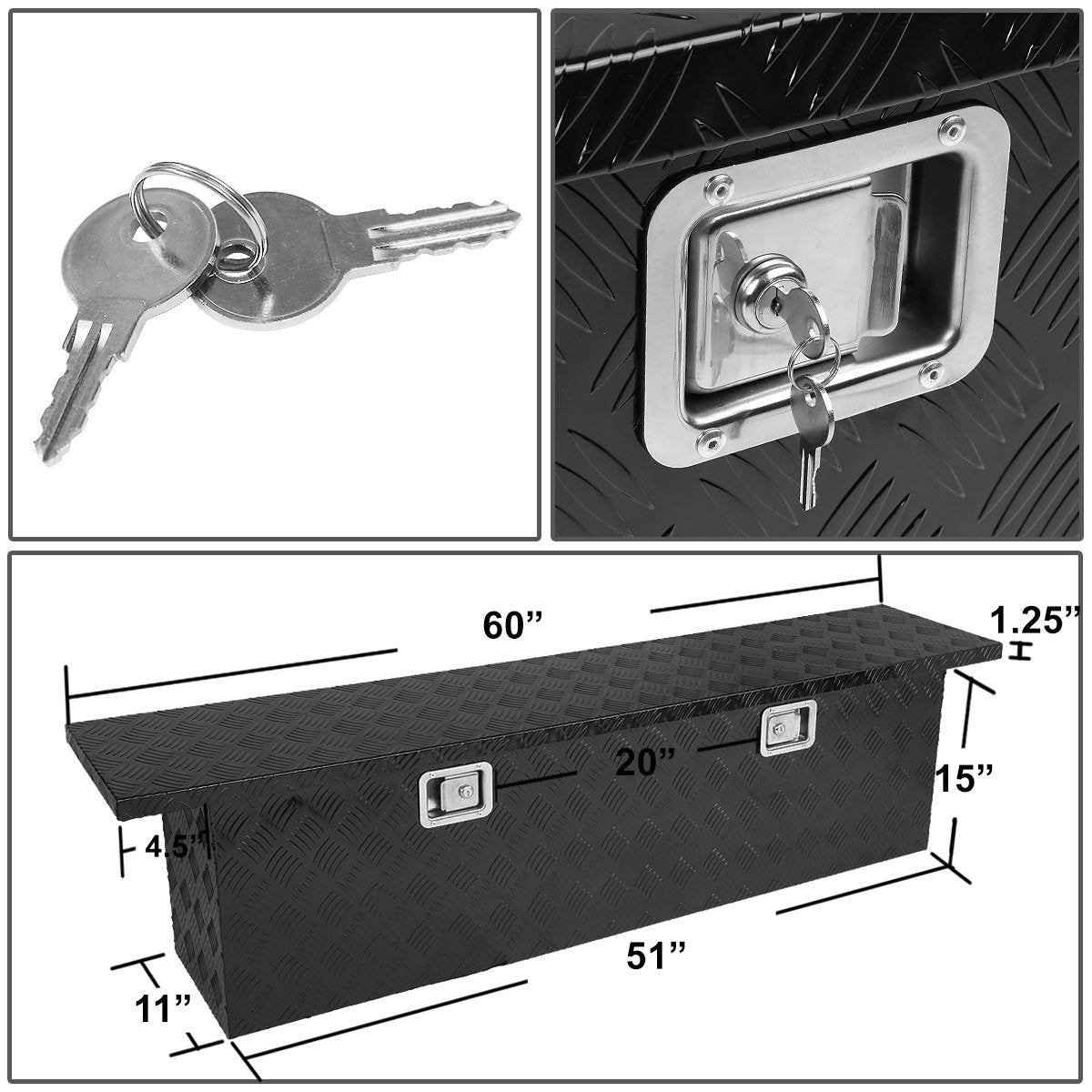 DNA Motoring TBOX-T4-51-ALU-BK 60"(L) x 12"(W) x 15.5"(H) Aluminum Truck Storage Tool Box w/Lock & Keys,Black