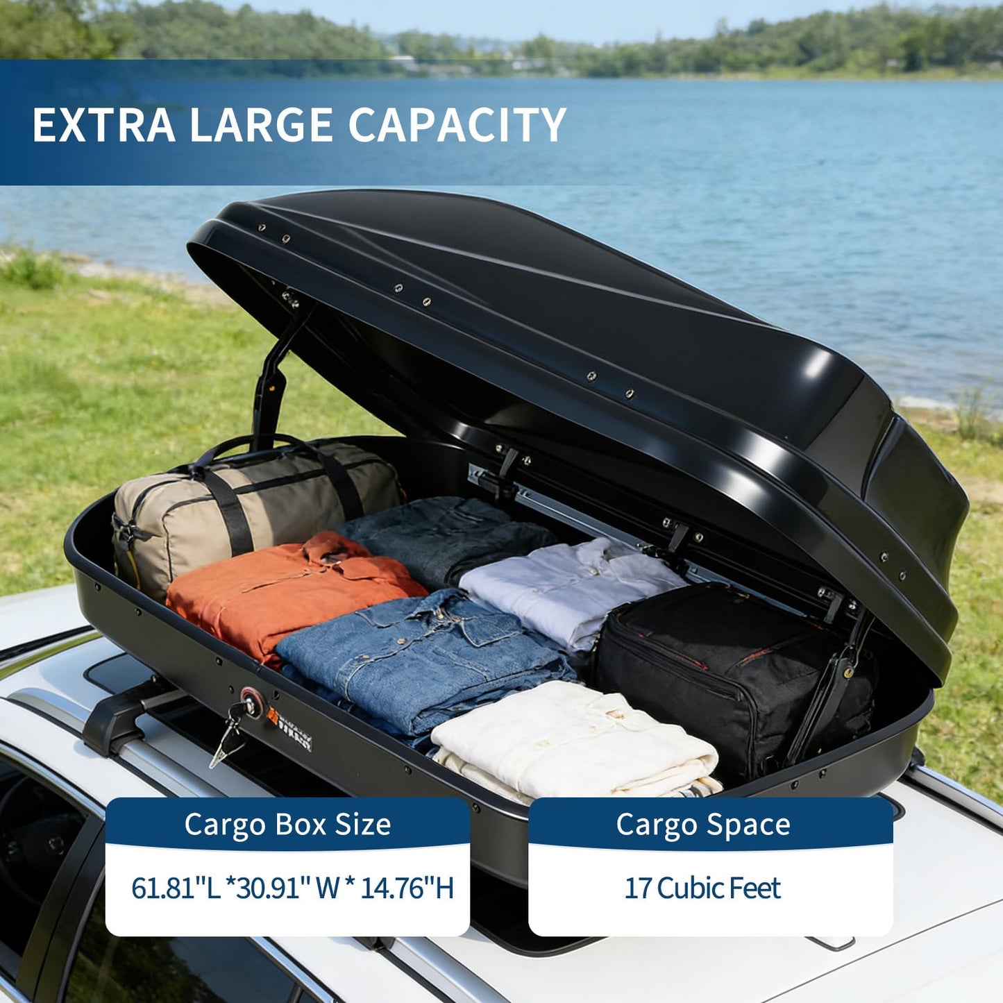 Garvee Rooftop Cargo Box Carrier, 17 Cubic Hardshell Rooftop Cargo Carrier, Dual-Side Opening, Universal Fit for Cars & SUVs, 165Lbs Weight Capacity with Secure Straps&Keys