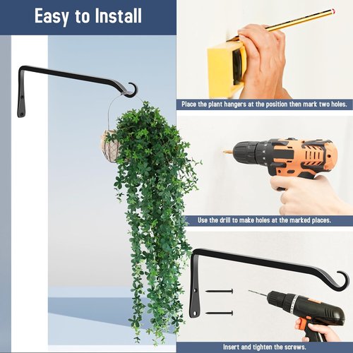 Feed Garden 12-Inch Hanging Plant Bracket - Decorative Wall Hooks for Outdoor Planters & Bird Feeders | Black (2-Pack)