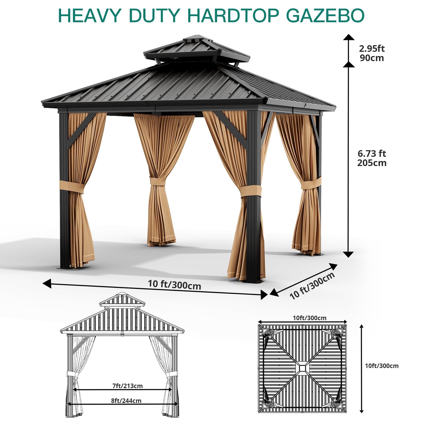 GarveeLife 10x10 ft Double Roof Hardtop Gazebo, Heavy Duty Galvanised Steel Hardtop Pavilion with Nettings and Curtains, Metal Roof Gazebo for Patio, Terrace, Lawn and Deck, Brown