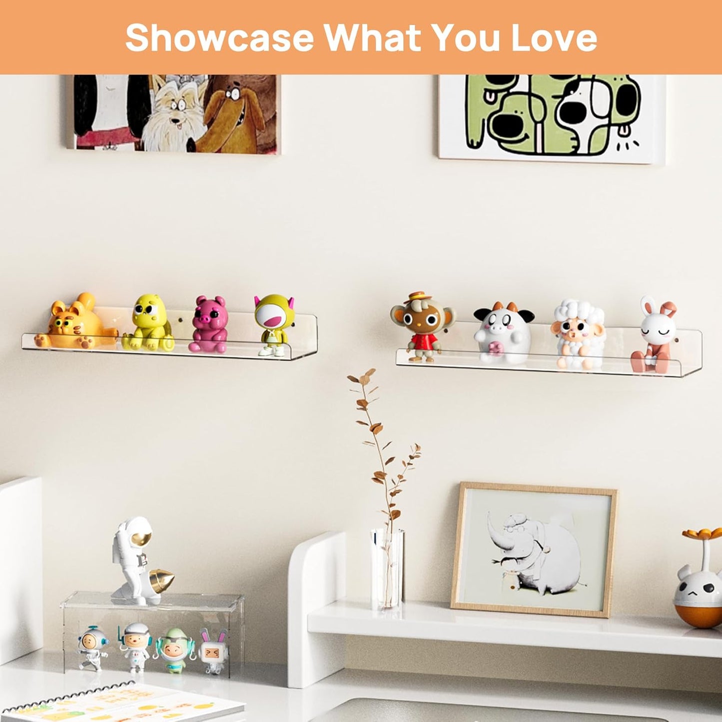 Upsimples Acrylic Floating Shelves - Versatile Wall Organizer for Bathroom, Bedroom, or Living Room | Clear, 15" - 2 Pack