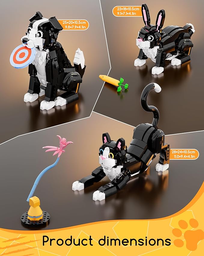 3 in 1 Animal Tuxedo Cat Building Set - Animal Figurines with 3 Building Options into Cat Dog or Rabbit - Learning Toy Birthday Gift for Kids Girls & Boys Ages 6+