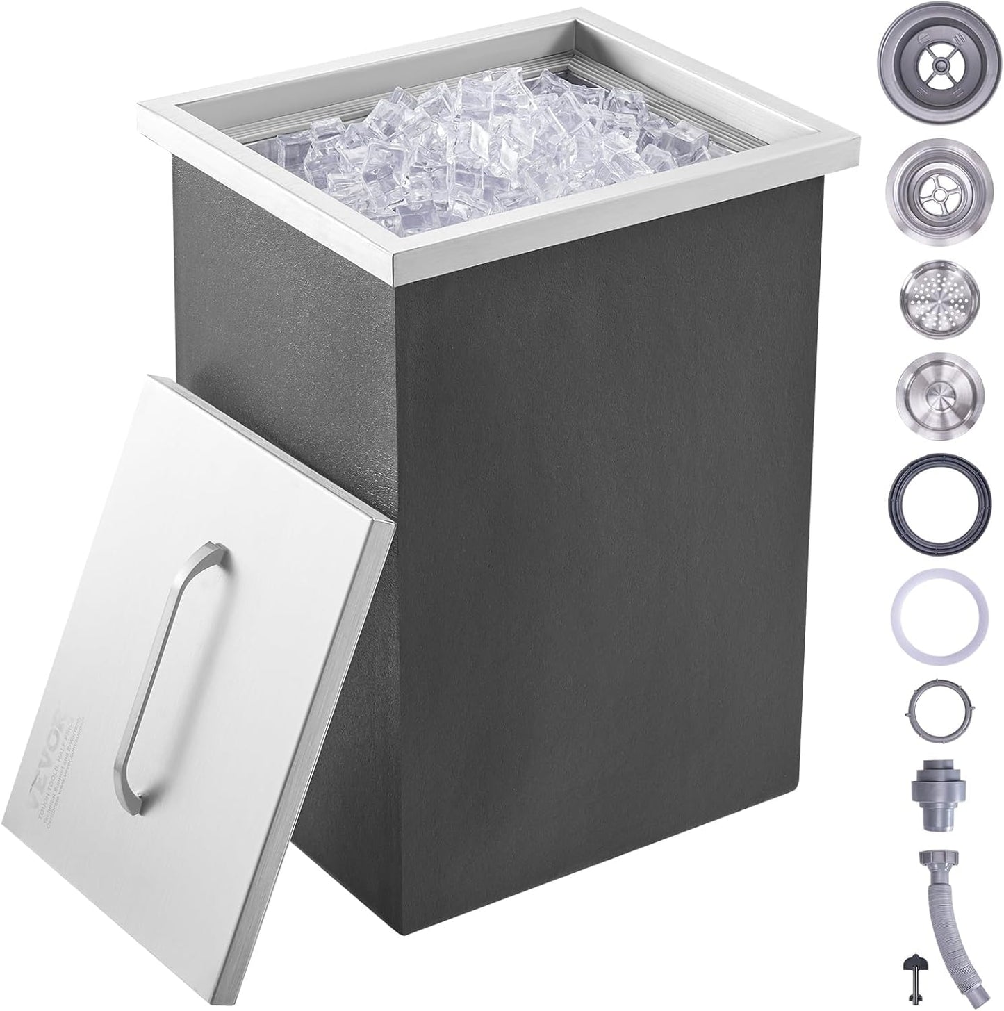Garvee Drop in Ice Chest, 14" L x 12" W x 18" H Stainless Steel Ice Cooler, Commercial Ice Bin with Lid 40 Qt Outdoor Kitchen Ice Bar, Includes Drain-Pipe and Drain Plug, for Chilling Wine and Beer