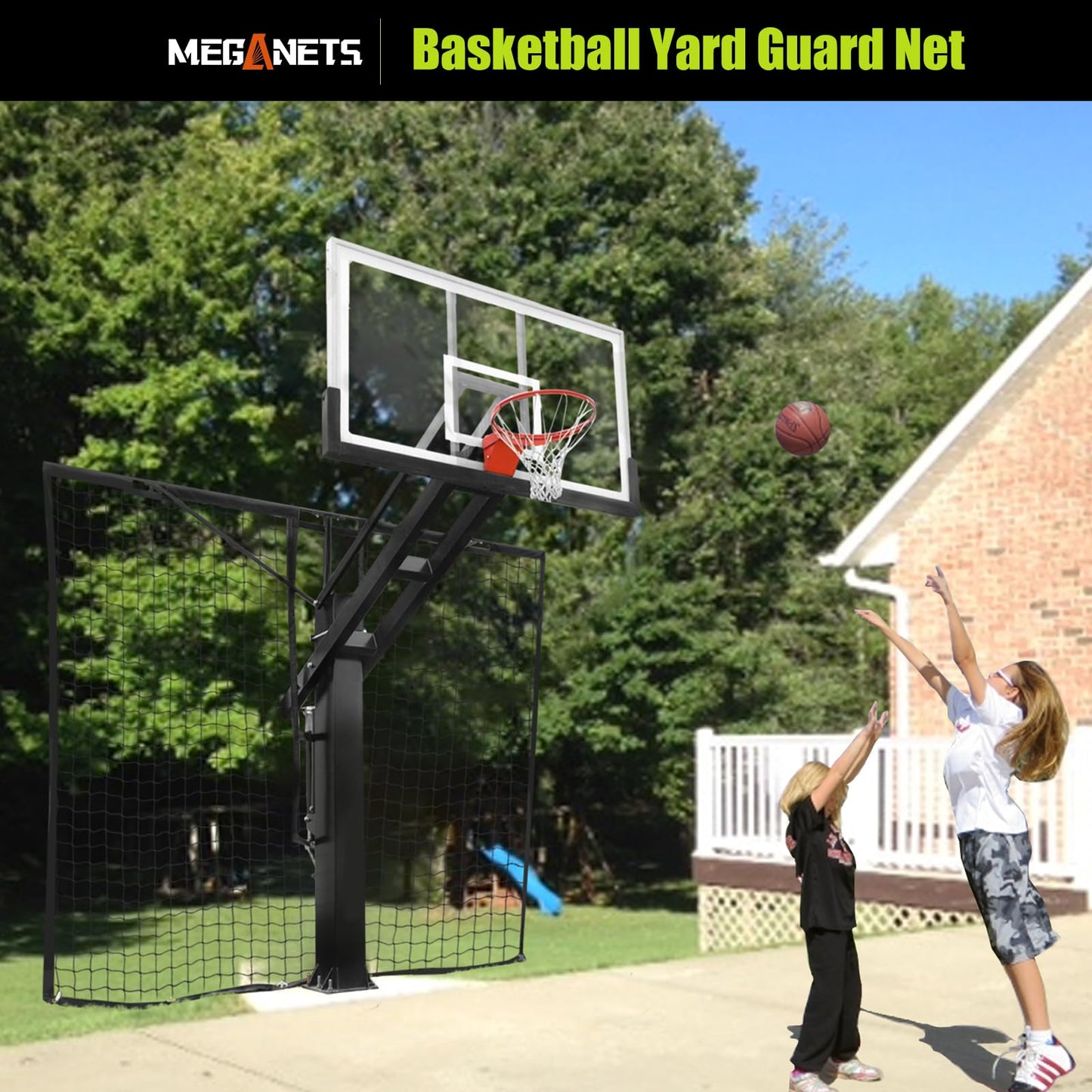 MegaNets Heavy Duty Basketball Return Net 12FT X 10FT, UV-Resistant Yard Guard Backstop Net Basketball Return & Defensive Net System, Ball Net Catcher Suit for Square Poles