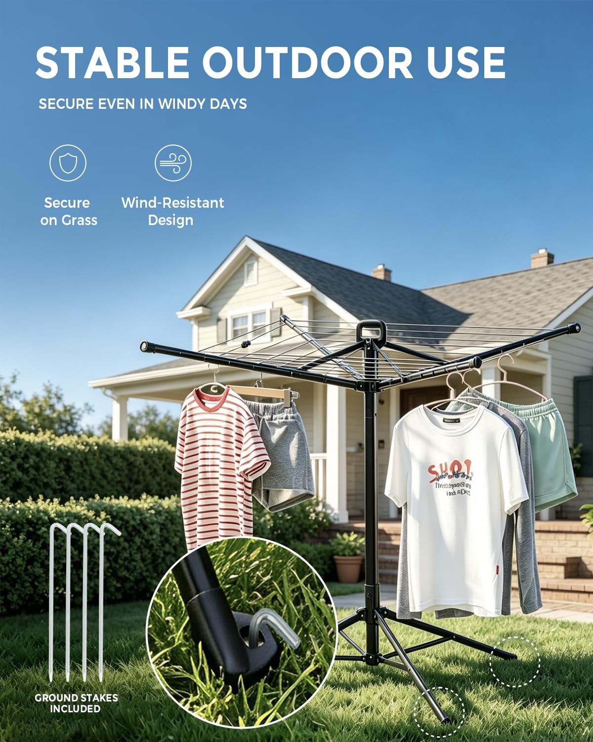 SUPTINWEAR 65FT Umbrella Clothesline, One-Press Foldable Rotary Drying Rack with 4-Leg Stable Base, Indoor Outdoor Clothes Drying Rack with Ground Stakes & 24 Clips