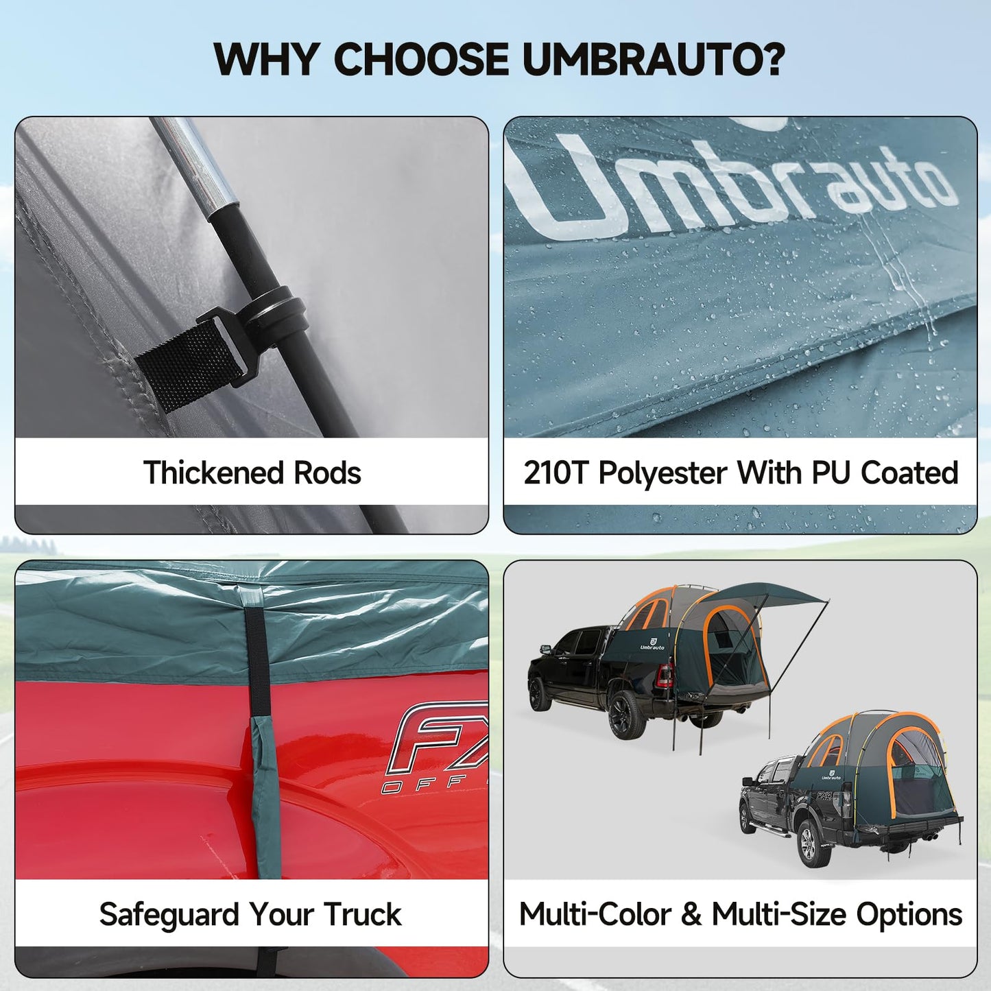 Truck Bed Tent 6.4' ~ 6.7' Easy Set Up Umburato Pickup Truck Tents for Camping, Waterproof PU3000mm Canopy for Truck Camper, Portable, Spacious for 2 Person Green