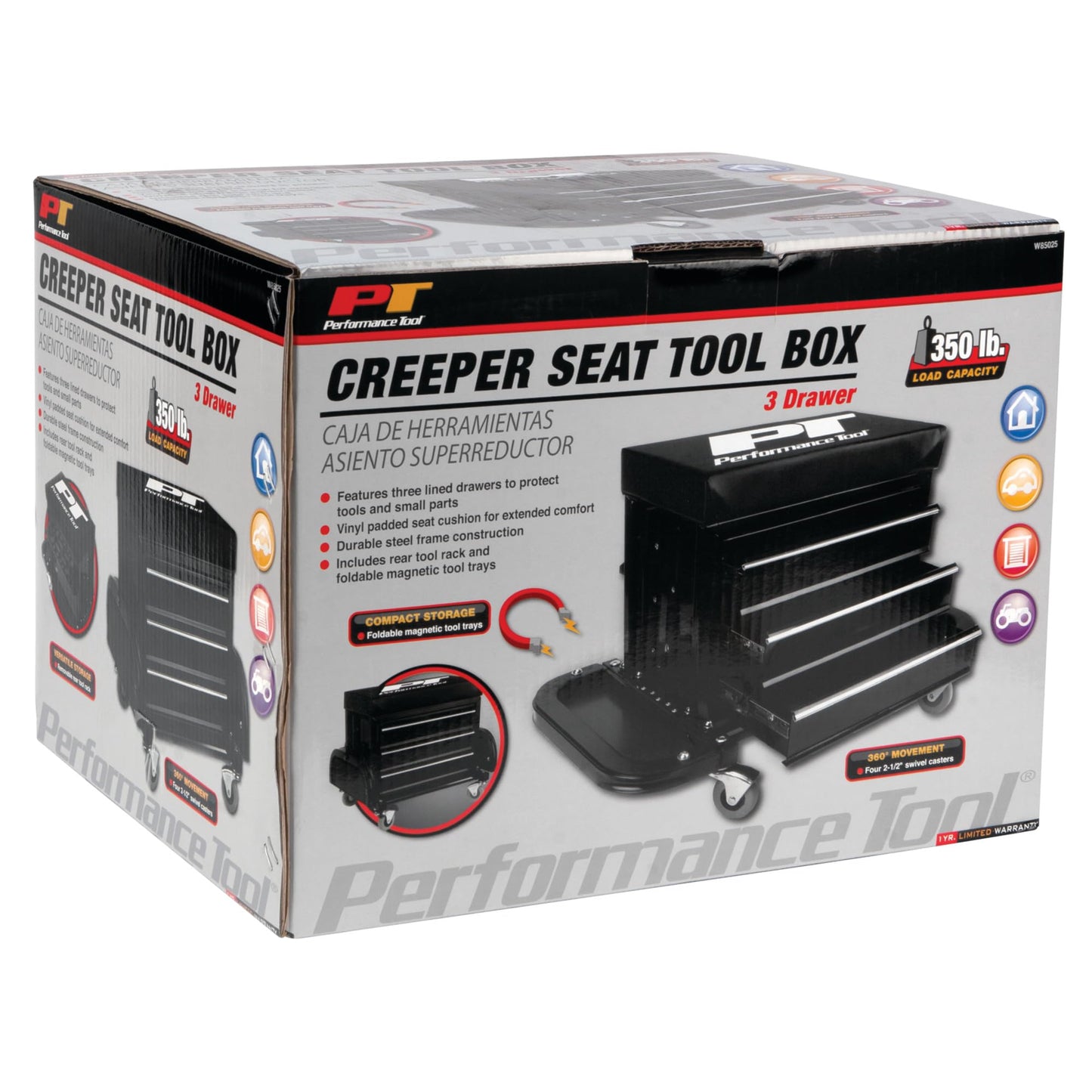 Performance Tool W85025 3-Drawer Rolling Tool Chest Seat With Magnetic Side Trays, Black
