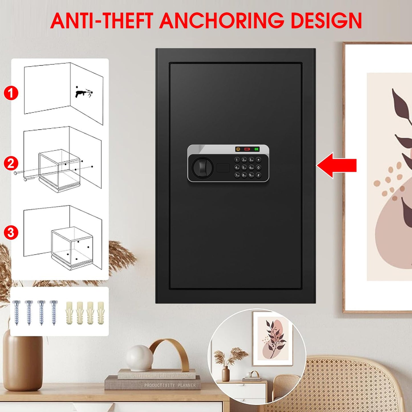 5.2 Cuft Large Floor Safe, Heavy Duty Fire Proof Safes for Home Use with Digital Keypad, Removable Shelves and Alarm System, Anti-theft Home Safe for Documents Money