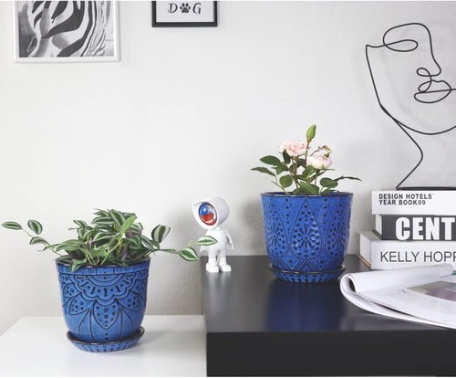 Gepege 6-Inch Beaded Ceramic Planter Set of 2 - Drainage Hole & Saucer for Indoor/Outdoor Use | Blue